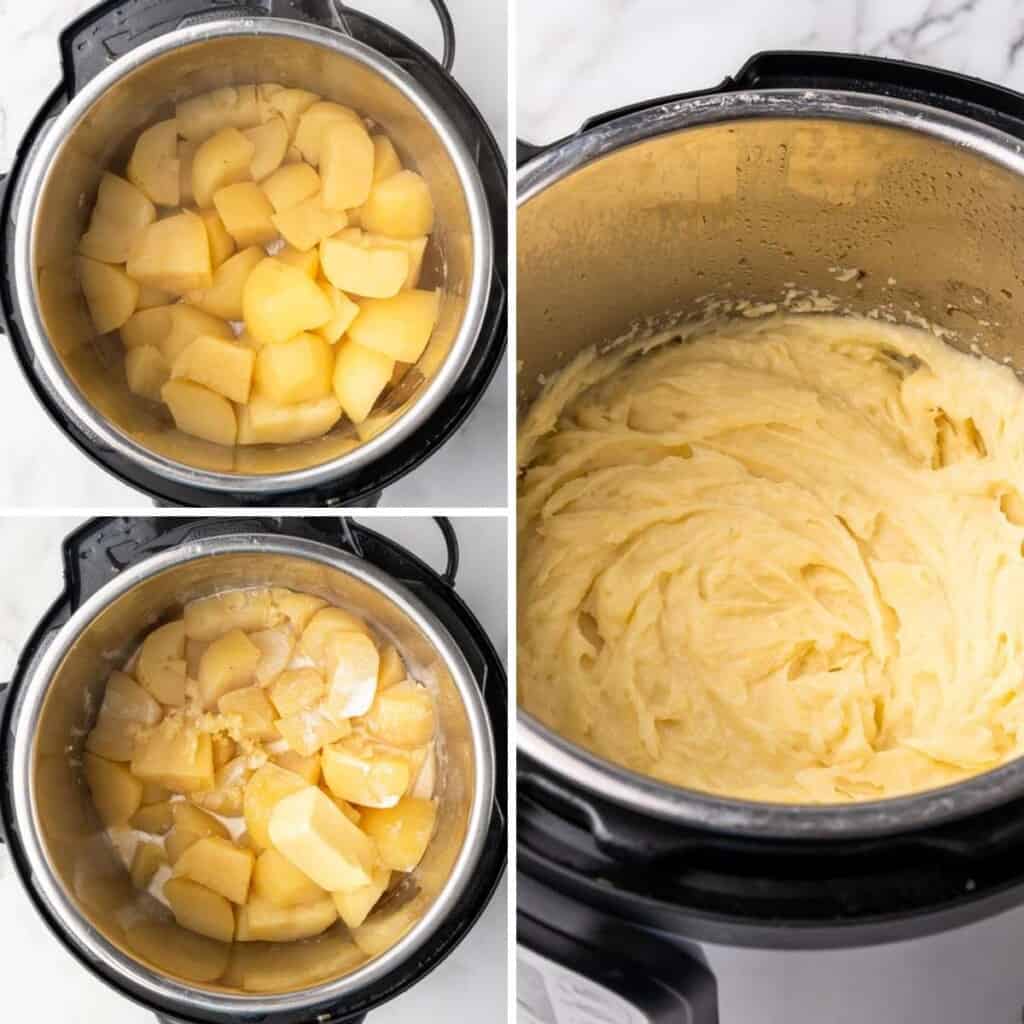 a collage of three images showing how to cook and mash potatoes