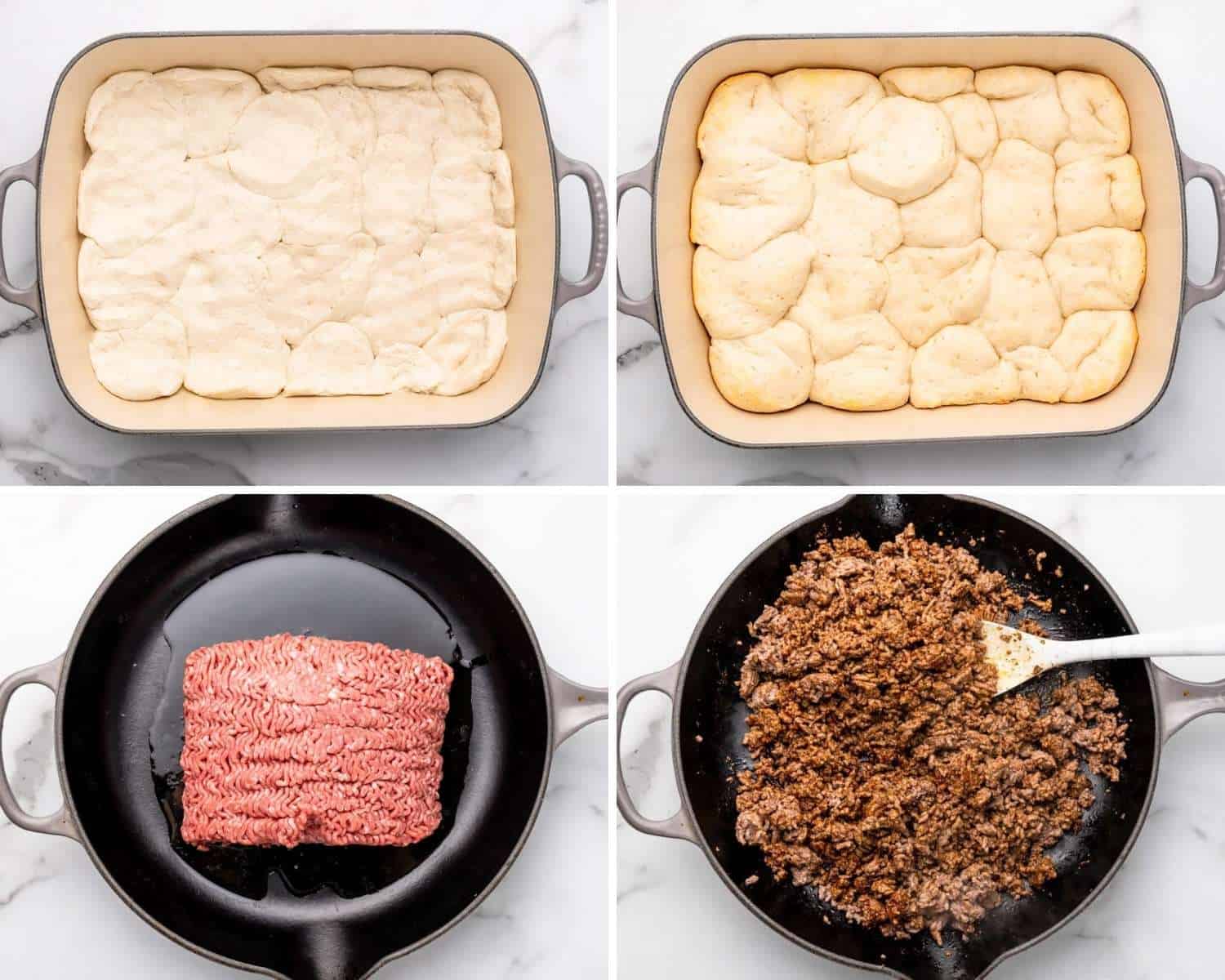 a collage of four images showing how to make the biscuit layer and the meat layer of john wayne casserole
