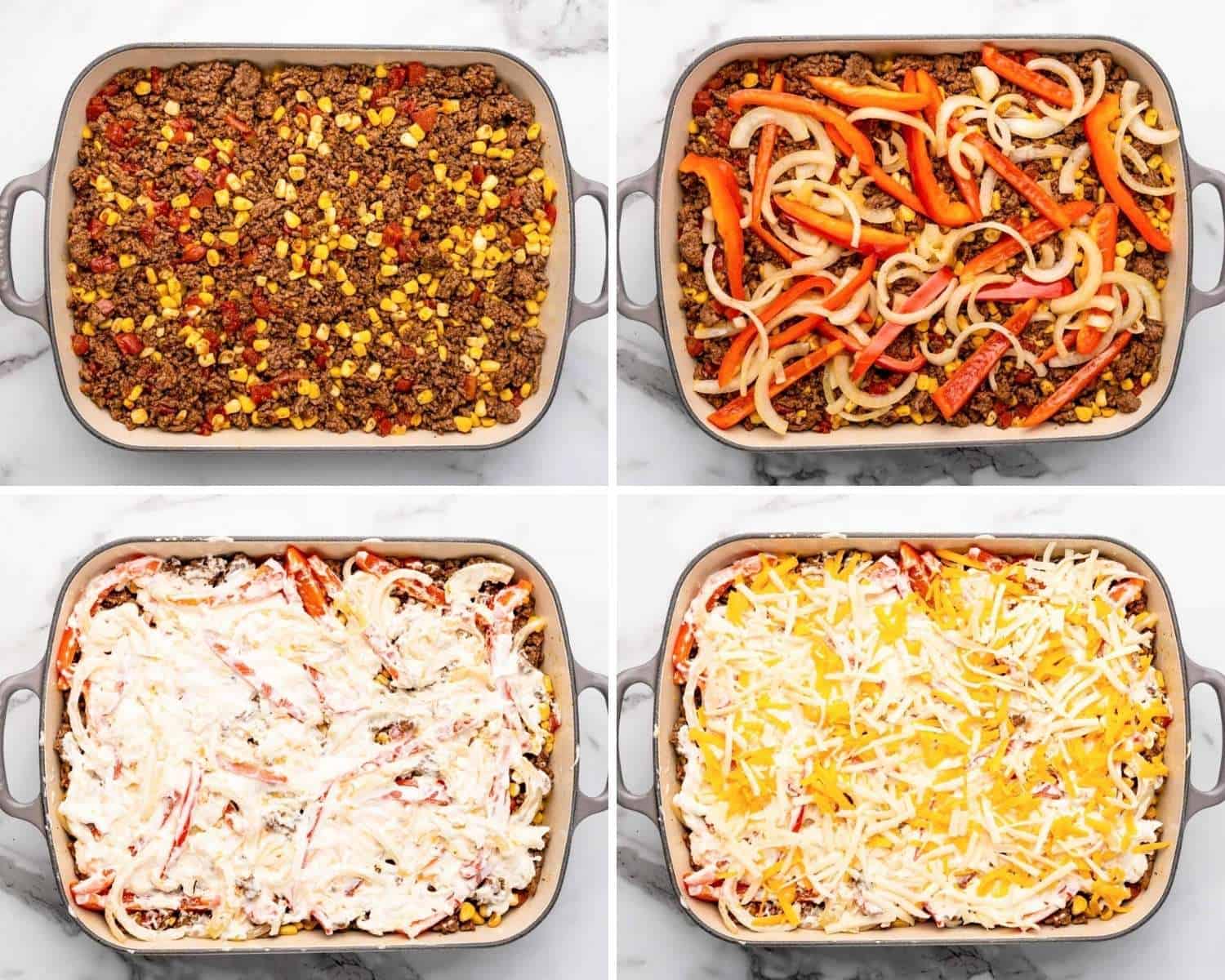 a photo collage showing how to layer the ingredients for john wayne casserole