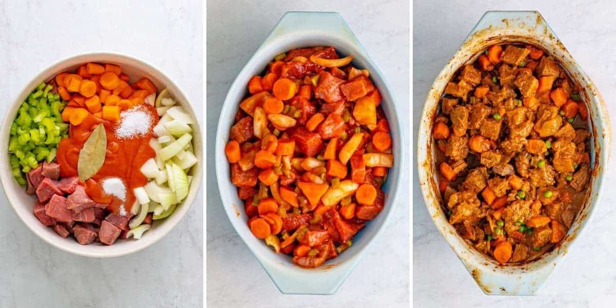 a collage of three images showing how to make oven beef stew in an oval baking dish