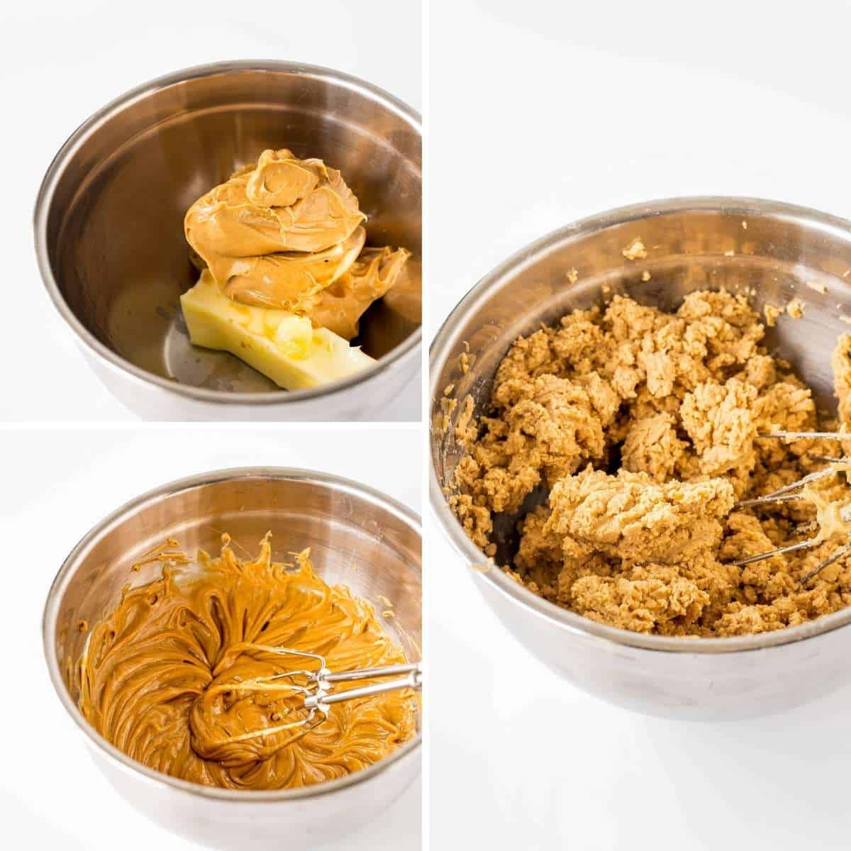 Collage of three images showing how to make the peanut butter filling