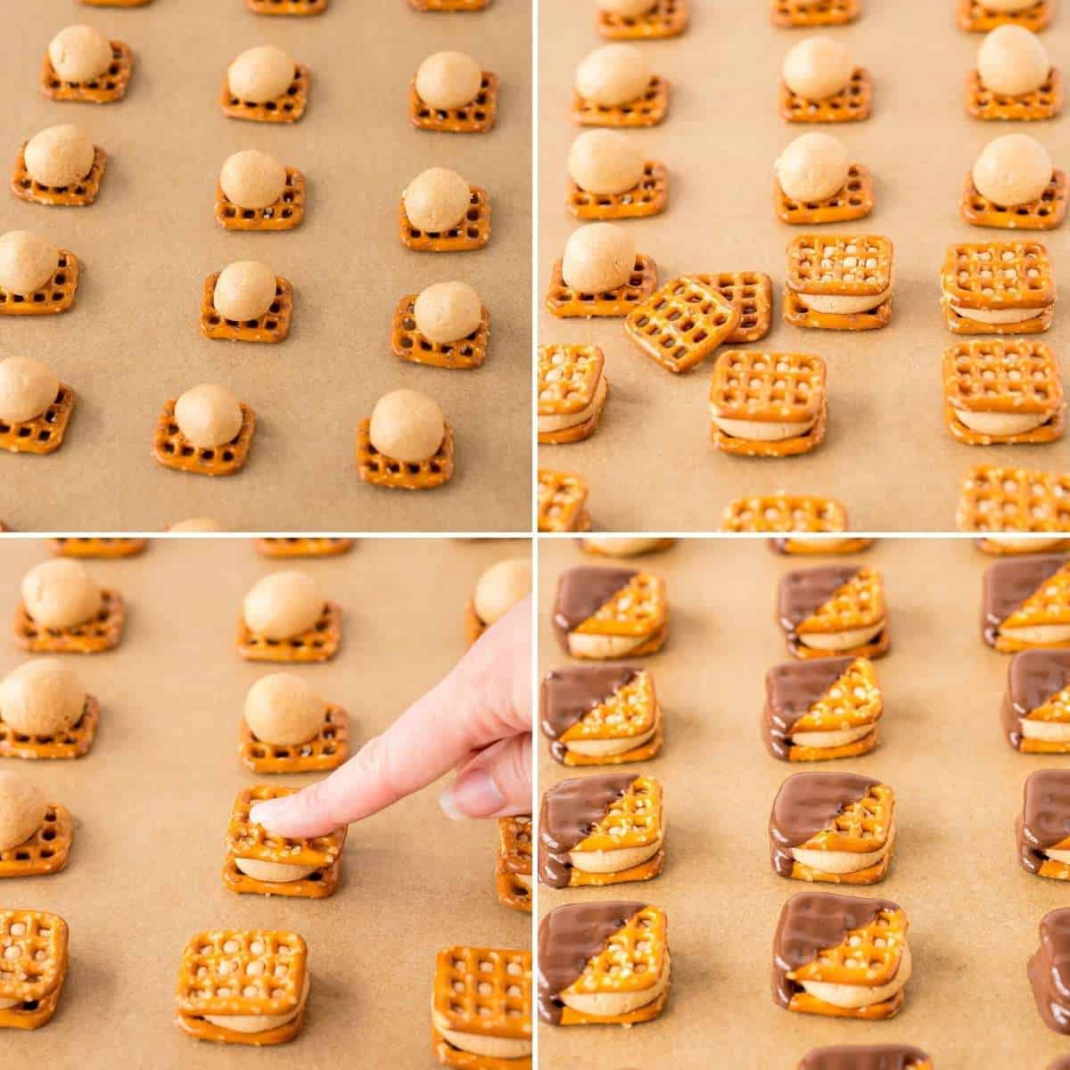 Collage of four images showing how to make peanut butter pretzel bites and dip in chocolate