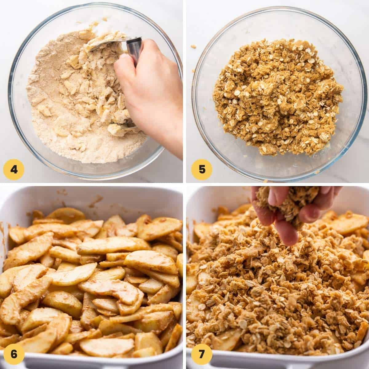 a collage of four images showing how to make pear crisp.