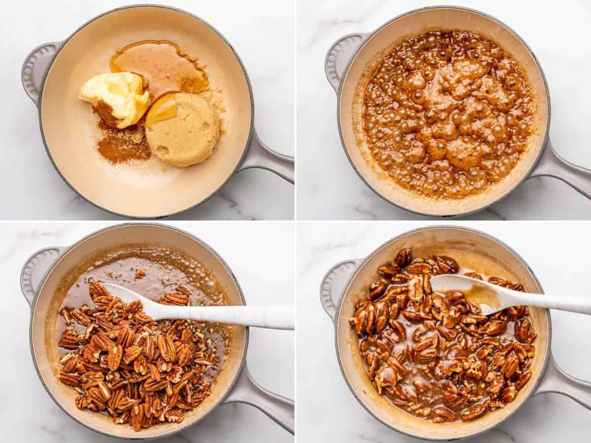 four images showing how to make a pecan pie topping for cheesecake