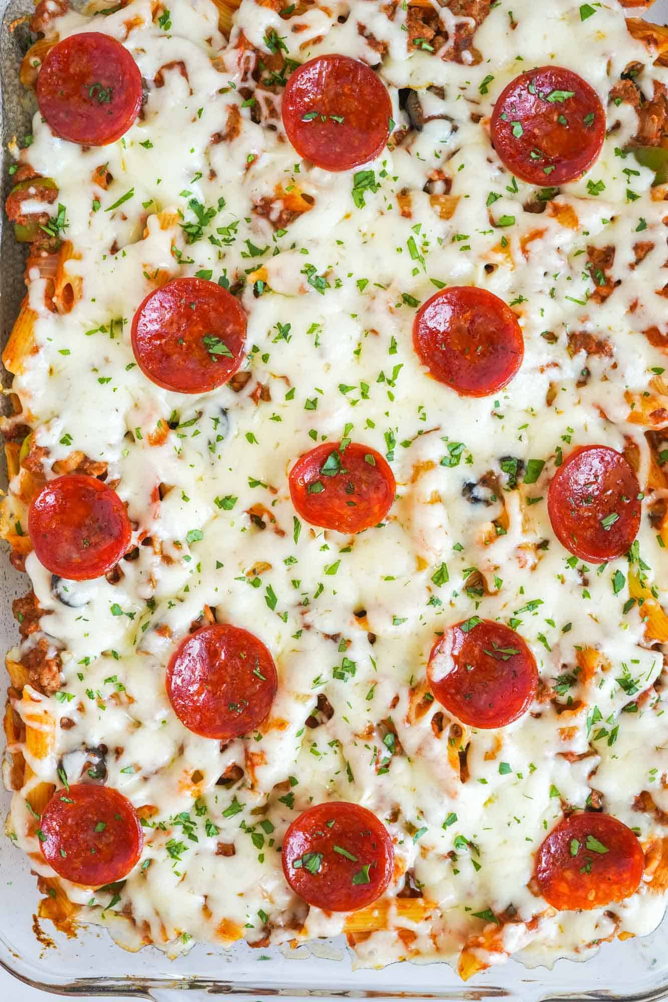 closeup of the top of a pizza casserole with pepperoni