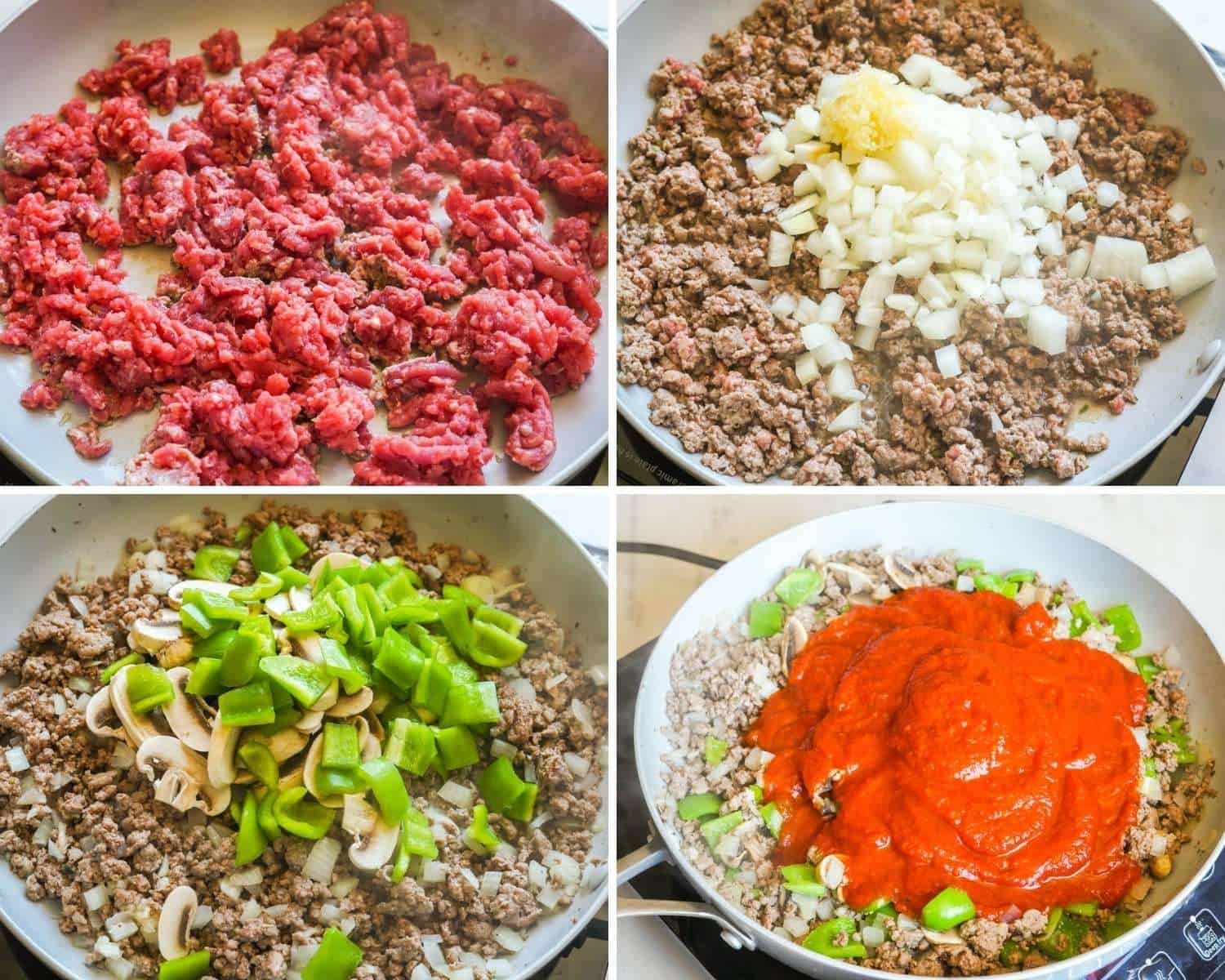 a collage of four images showing how to make a meat sauce for pizza casserole