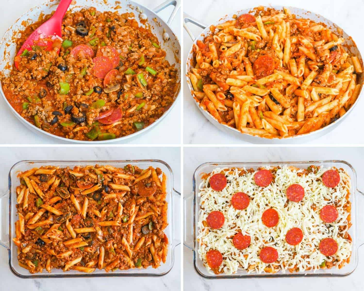 four images showing how to make a baked pizza pasta casserole.