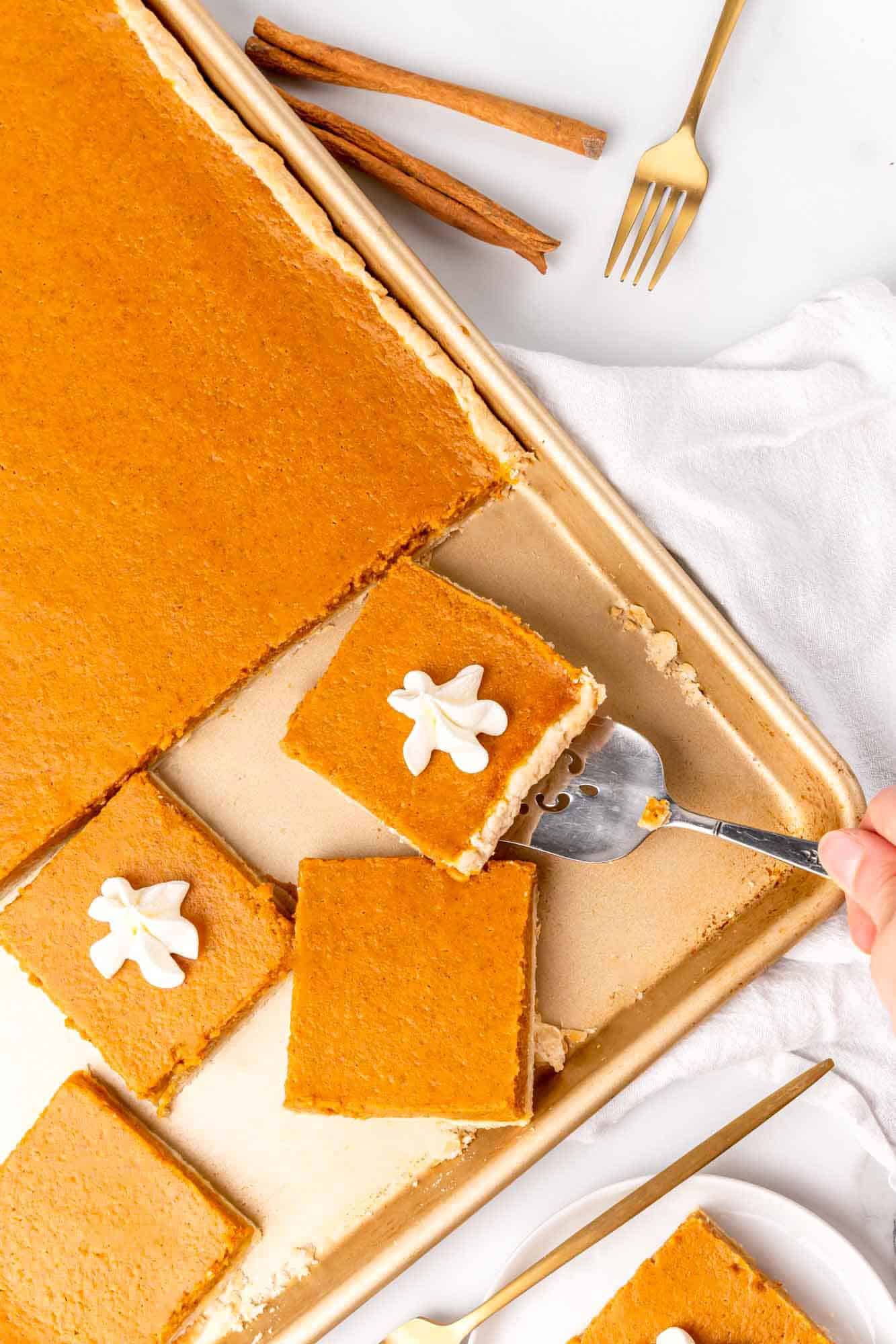 pumpkin slab pie on a sheet pan, cut into squares. 