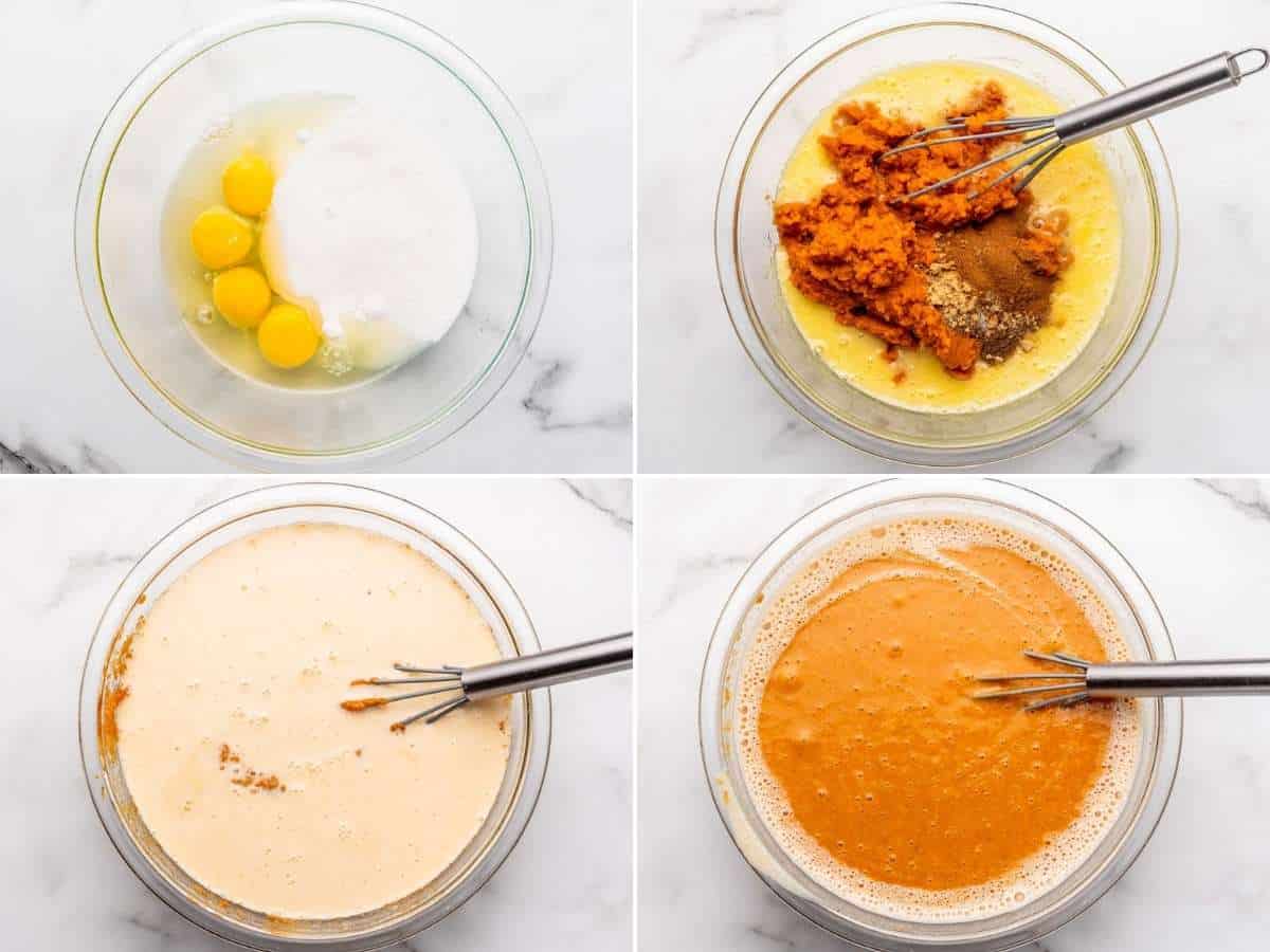 a collage of four images showing how to make pumpkin pie filling