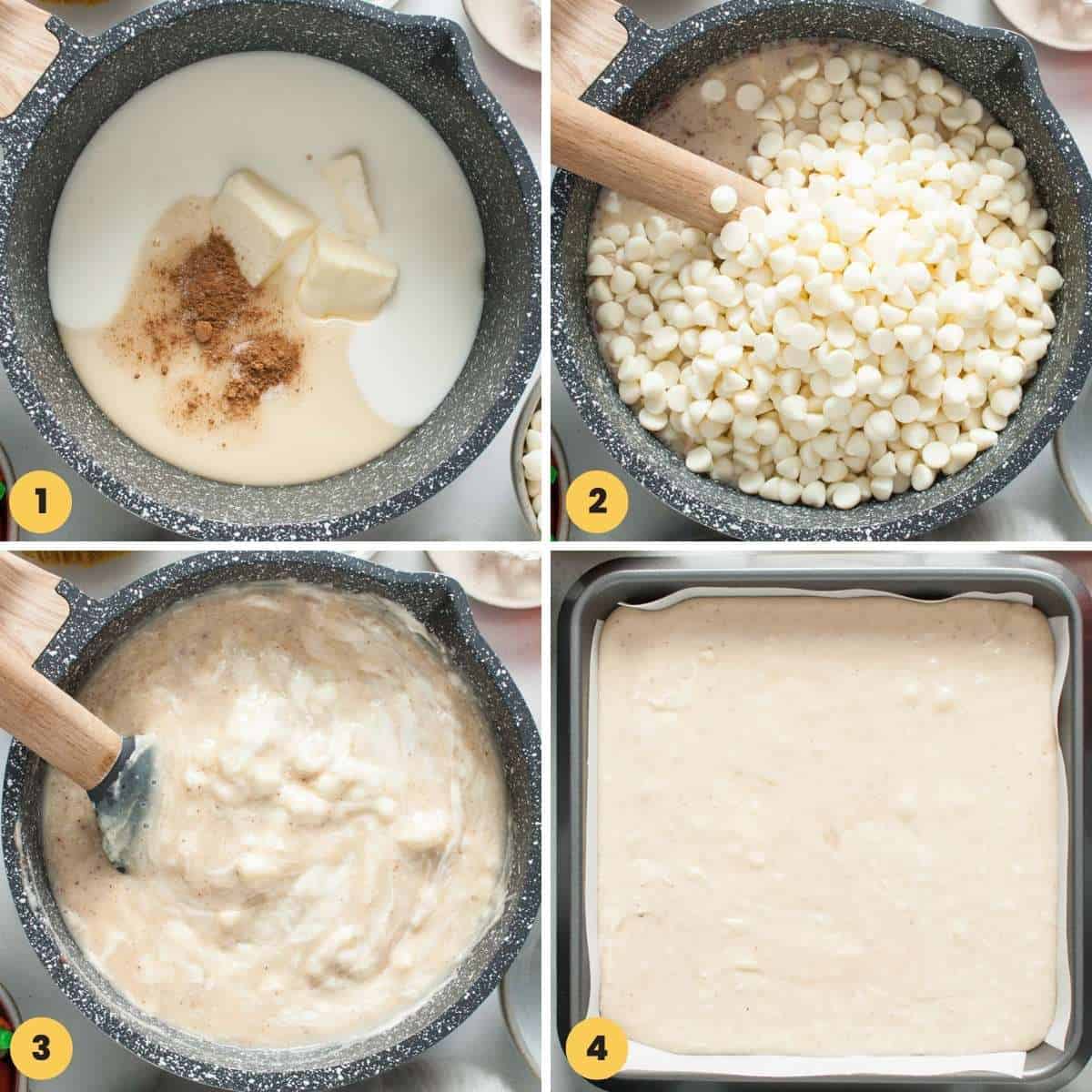 Collage of 4 images showing how to make easy fudge mixture