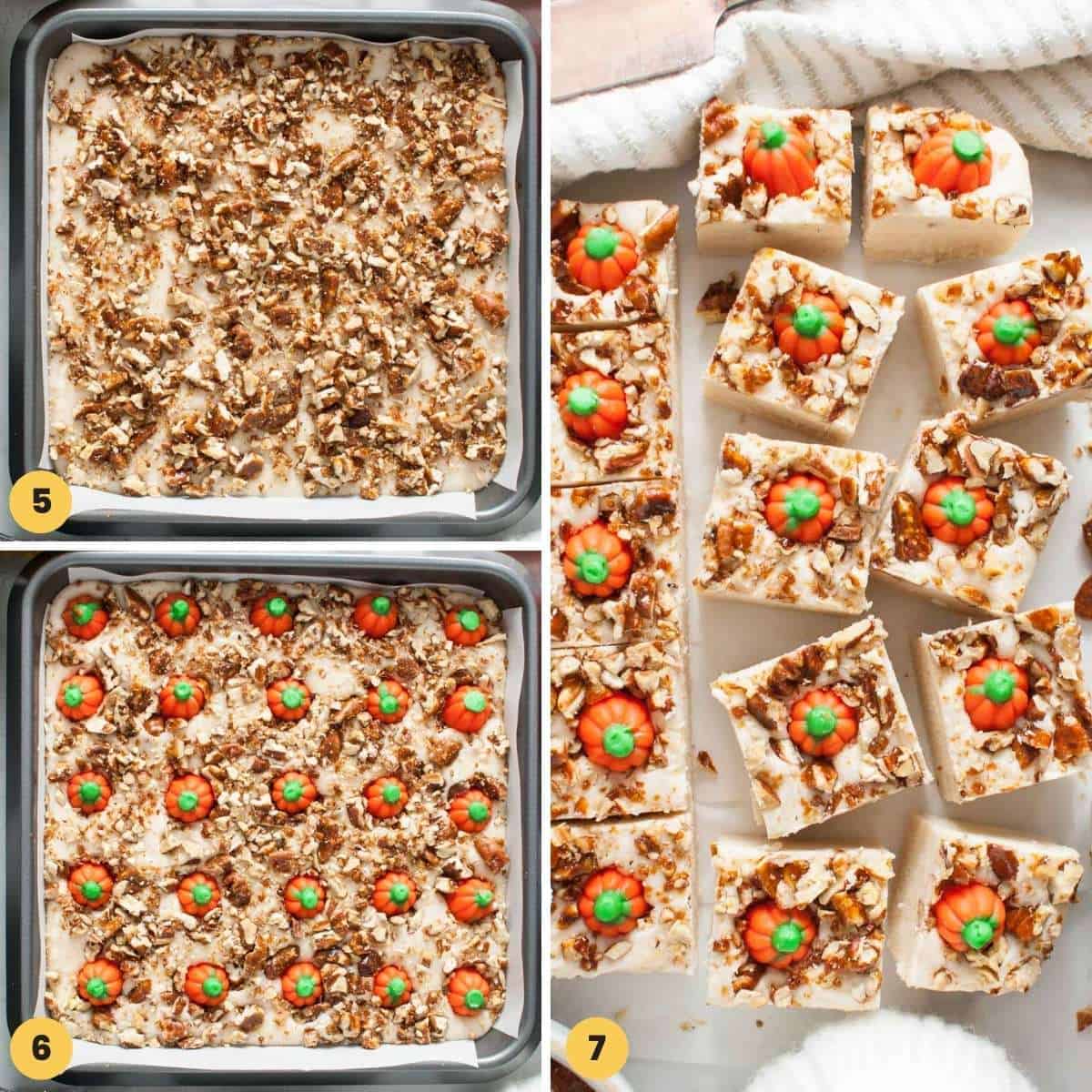 Collage of 3 images showing how to decorate fudge and cut it into squares