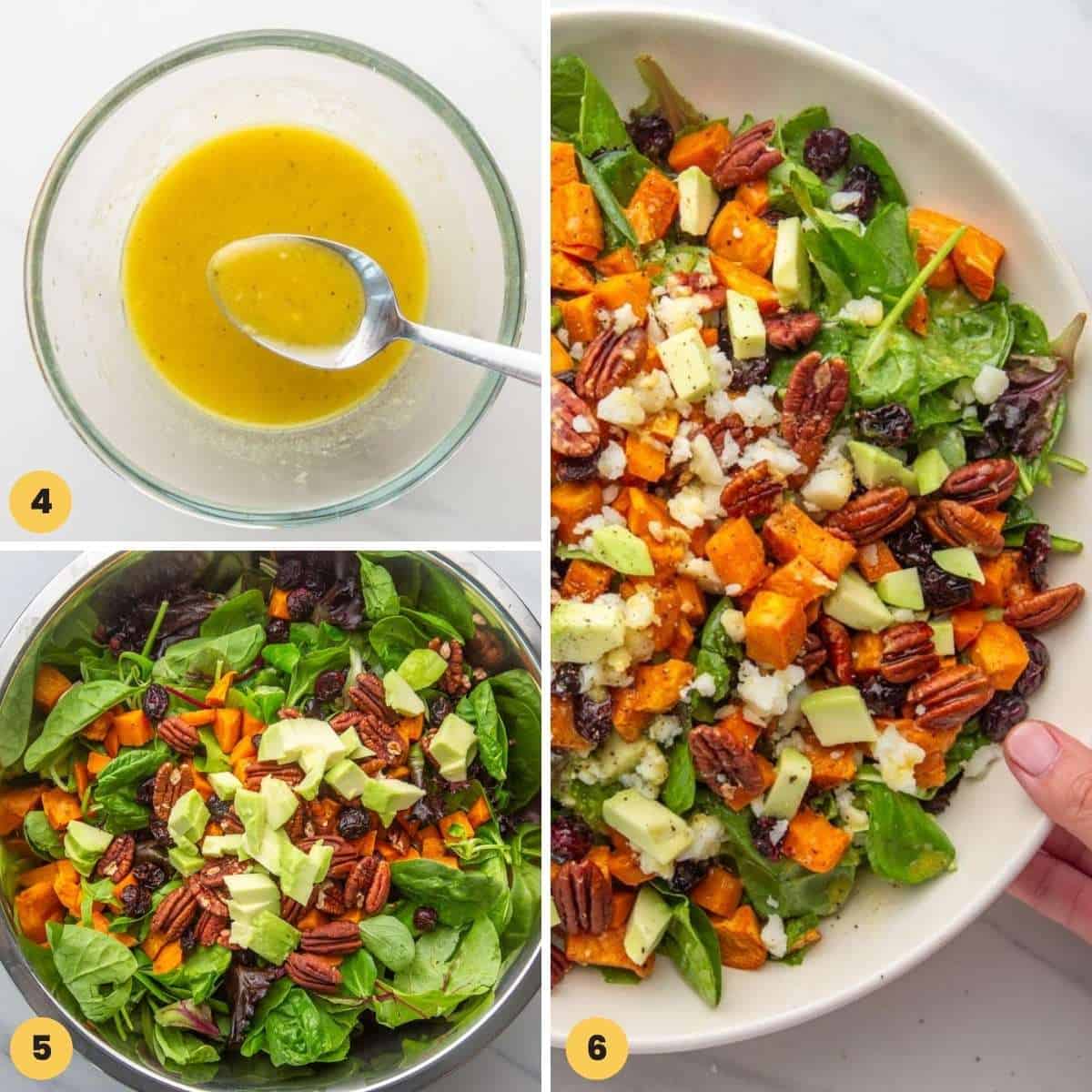 a collage of three images showing how to assemble a sweet potato salad.
