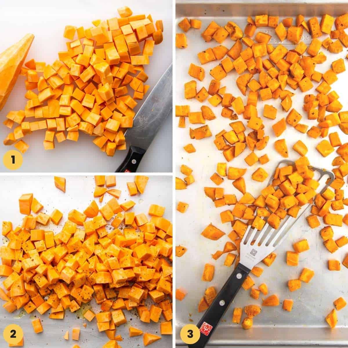 a collage of three images showing how to roast diced sweet potatoes.