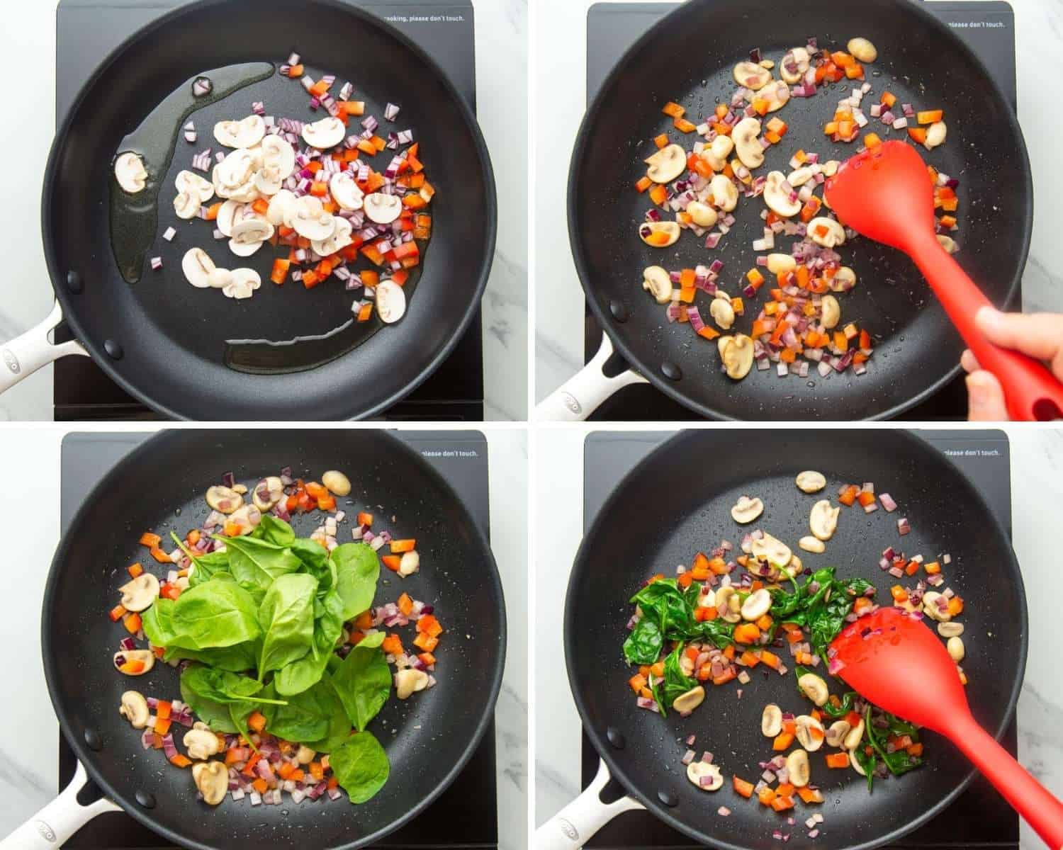 four images showing how to saute veggies for omelet in a frying pan