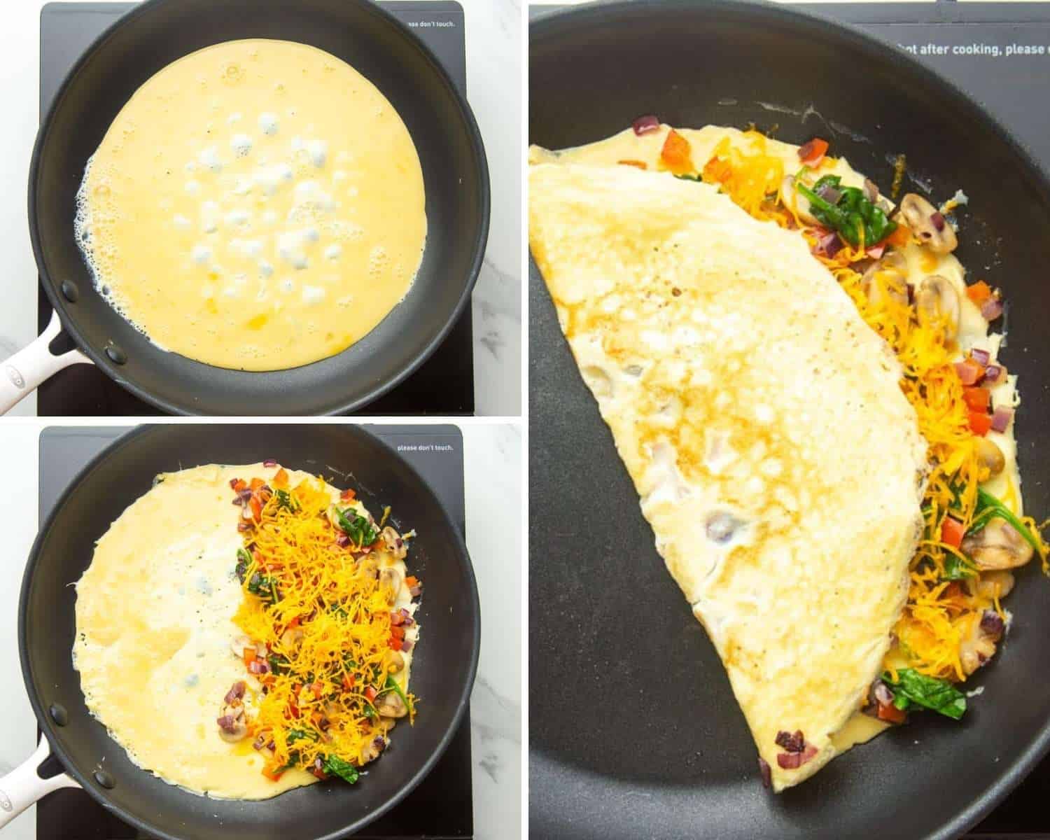 Three images showing how to make the perfect veggie omelet with cheese