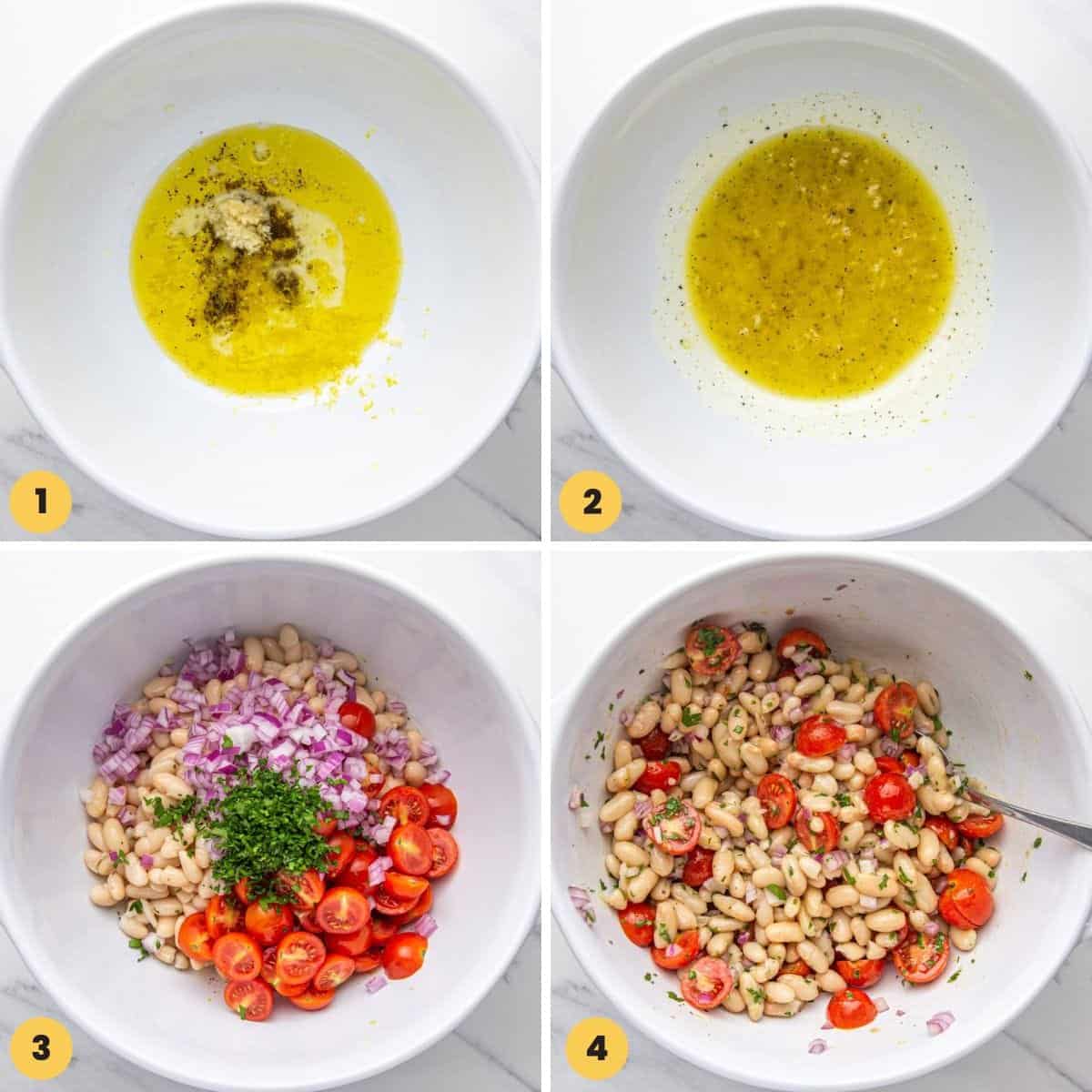 Collage of four images showing how to make white bean salad