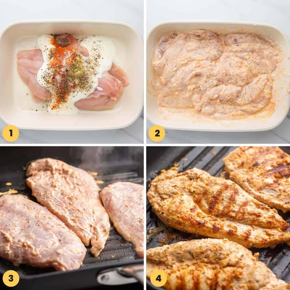 Collage of four images showing how to marinate chicken in yogurt and cook it