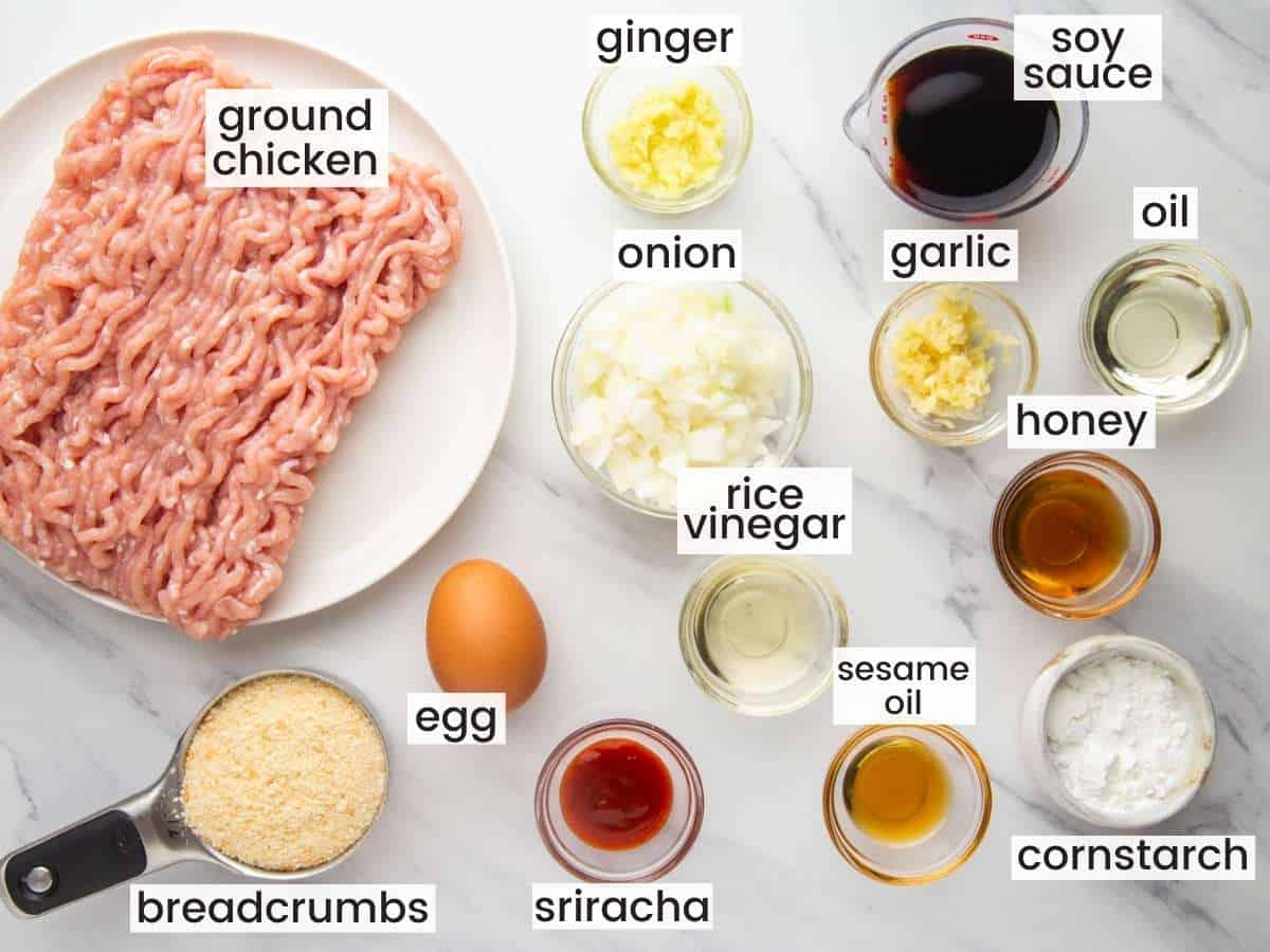 The ingredients needed to make asian chicken meatballs, measured into small bowls and arranged on a counter. 