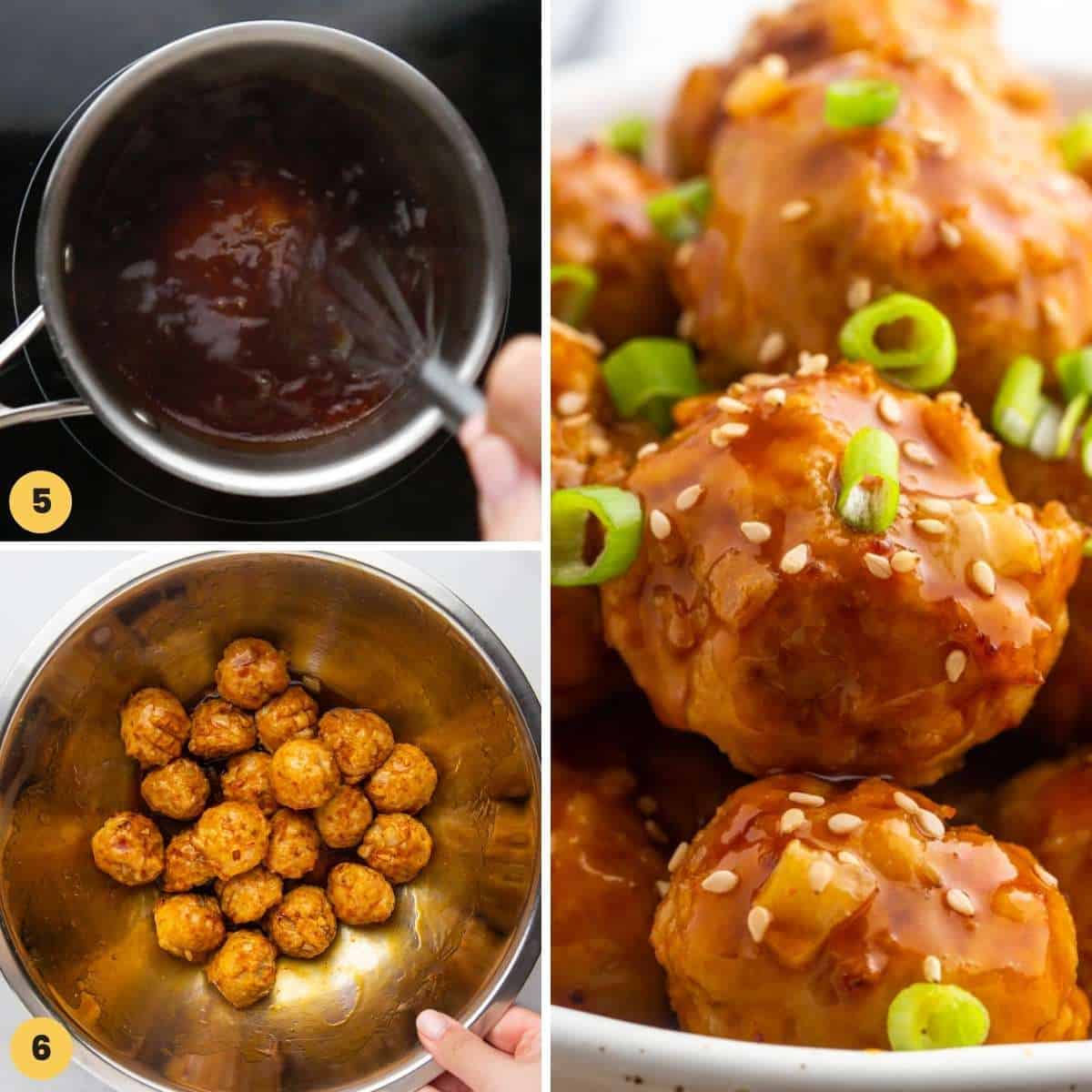 three images showing how to make a sauce for asian chicken meatballs.