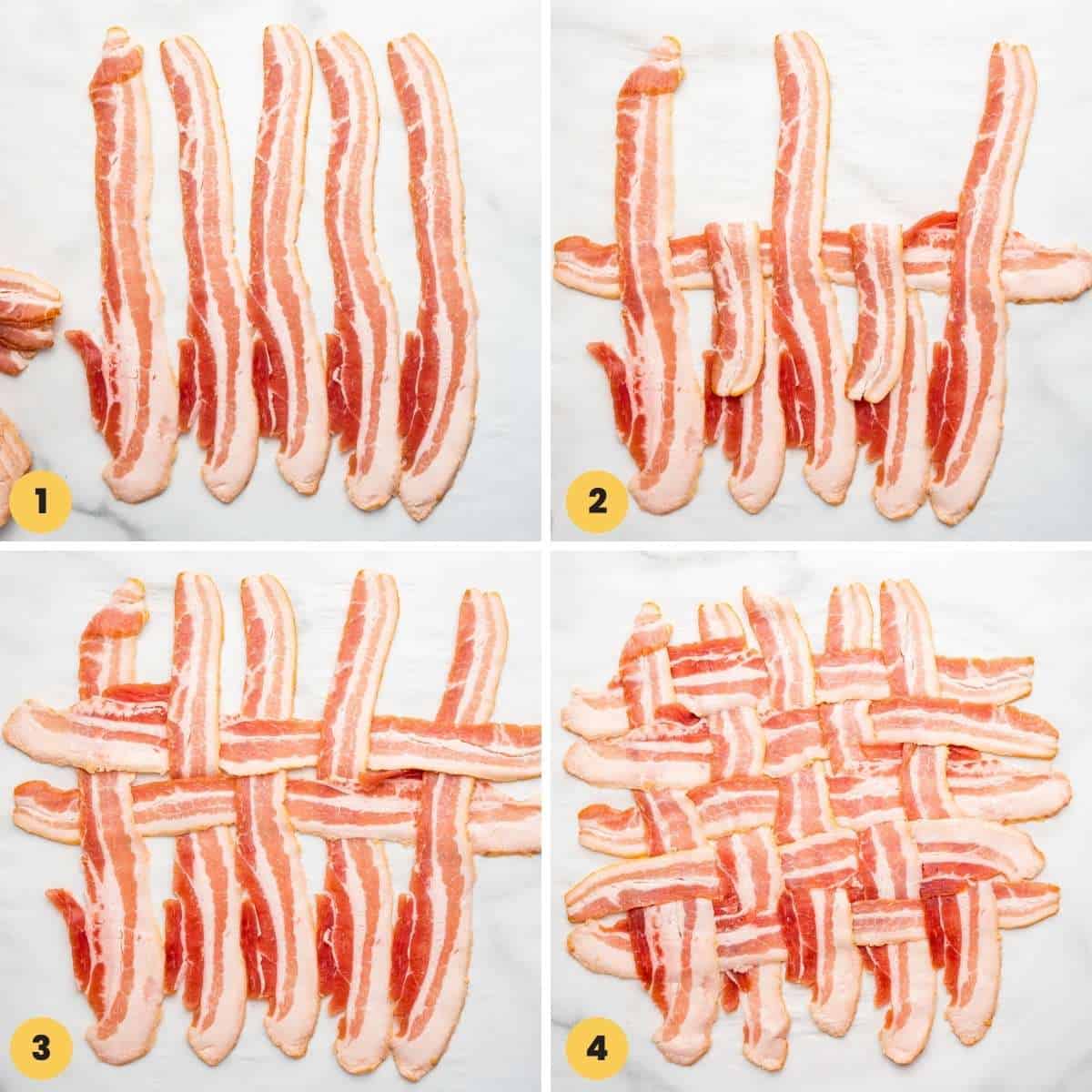 A collage of four images showing step by step how to make a bacon lattice to wrap a turkey.