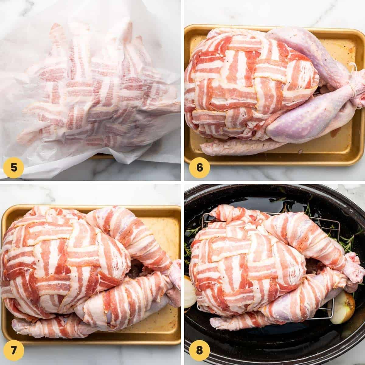 a collage of four images showing steps 5 through 8 of how to make a bacon wrapped turkey