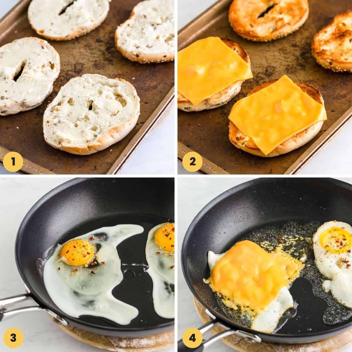 Collage of four images showing how to toast the bagels and fry eggs with cheese