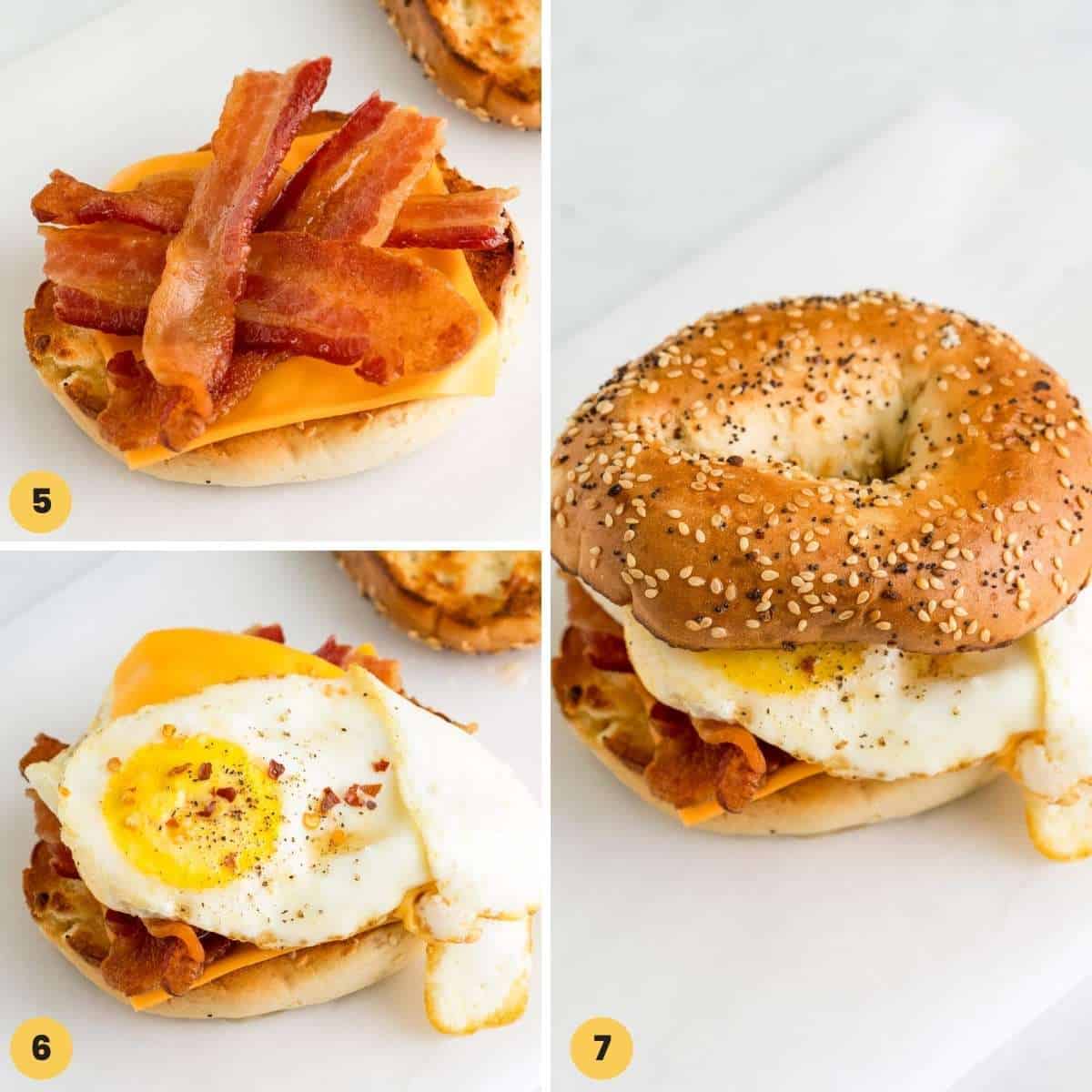 Collage of three images showing how to assemble a bagel breakfast sandwich