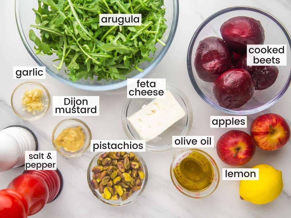 Ingredients needed to make beet salad with arugula and feta cheese