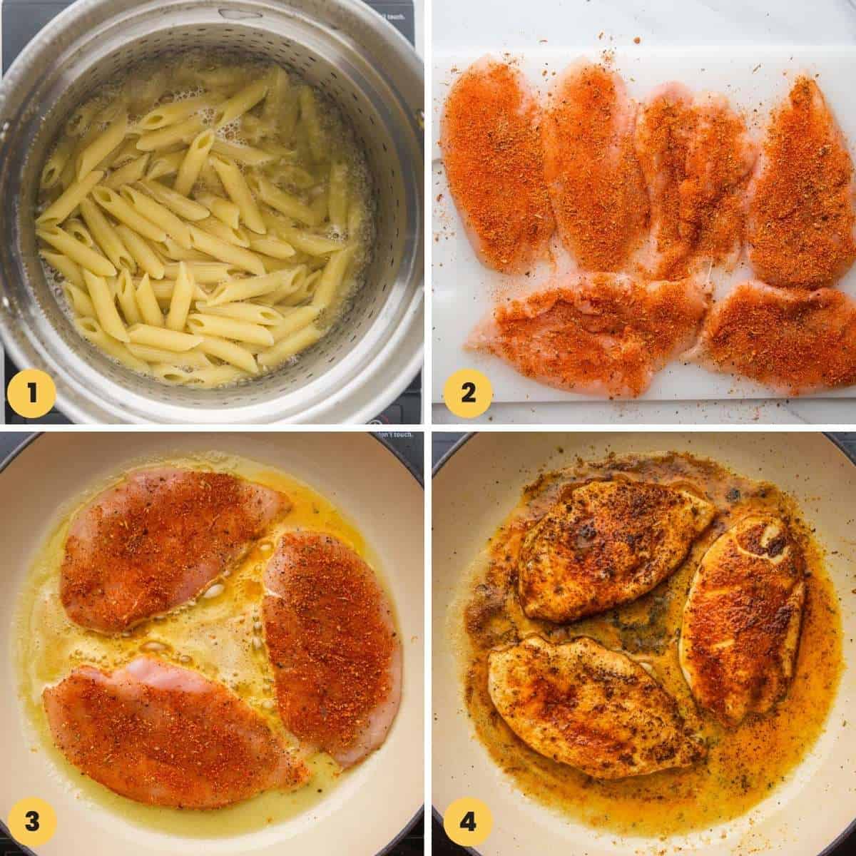 four images showing how to make pasta and pan fry cajun chicken cutlets