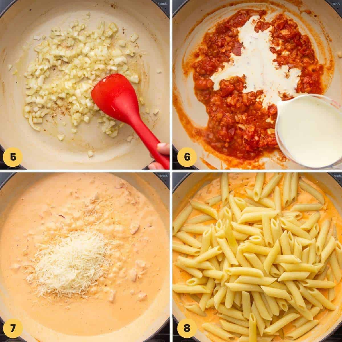 four images showing how to make a cajun alfredo sauce.