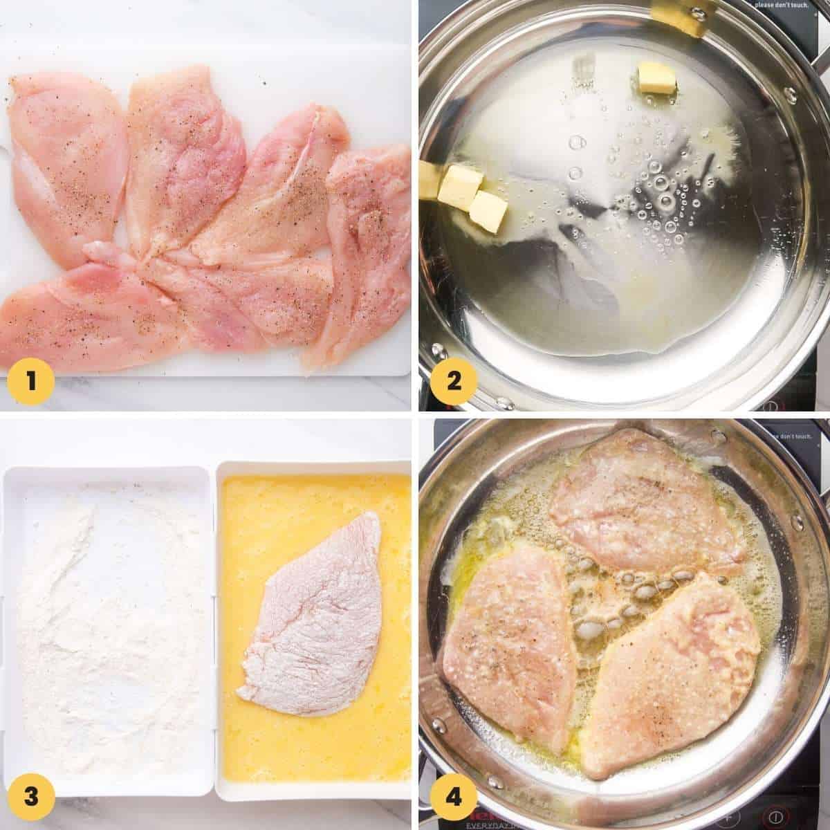 a collage of four images showing how to prepare chicken francese cutlets