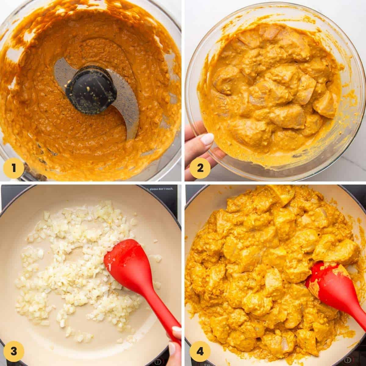a collage of steps 1 through 4 of how to make chicken korma.