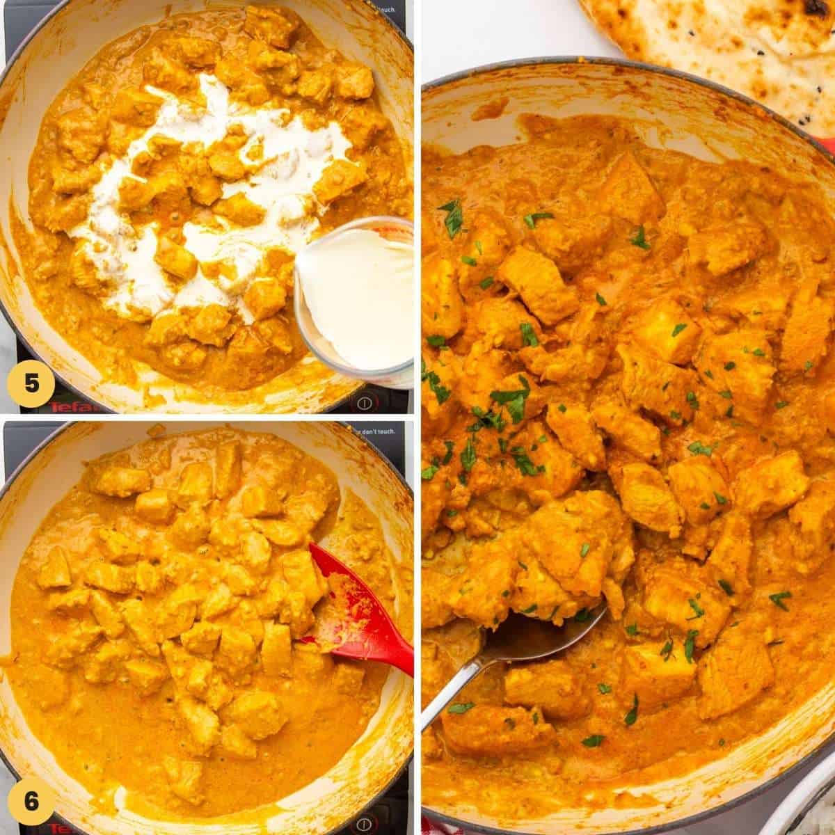 a collage of images showing the final steps needed to make chicken korma.