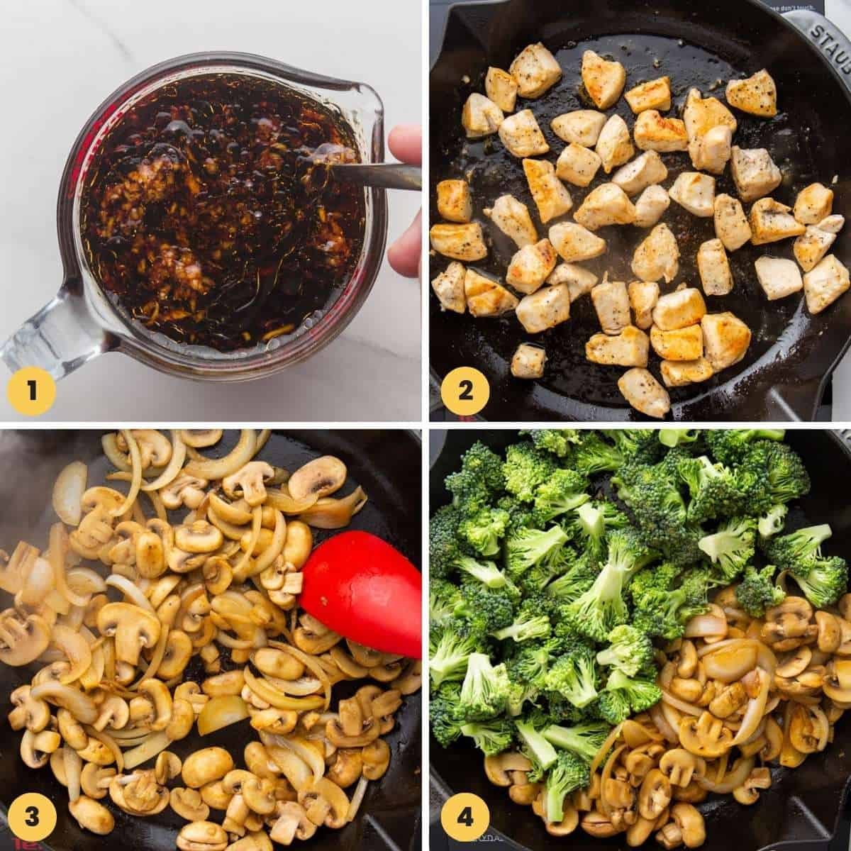 a collage of four images showing how to make chicken and broccoli stir fry
