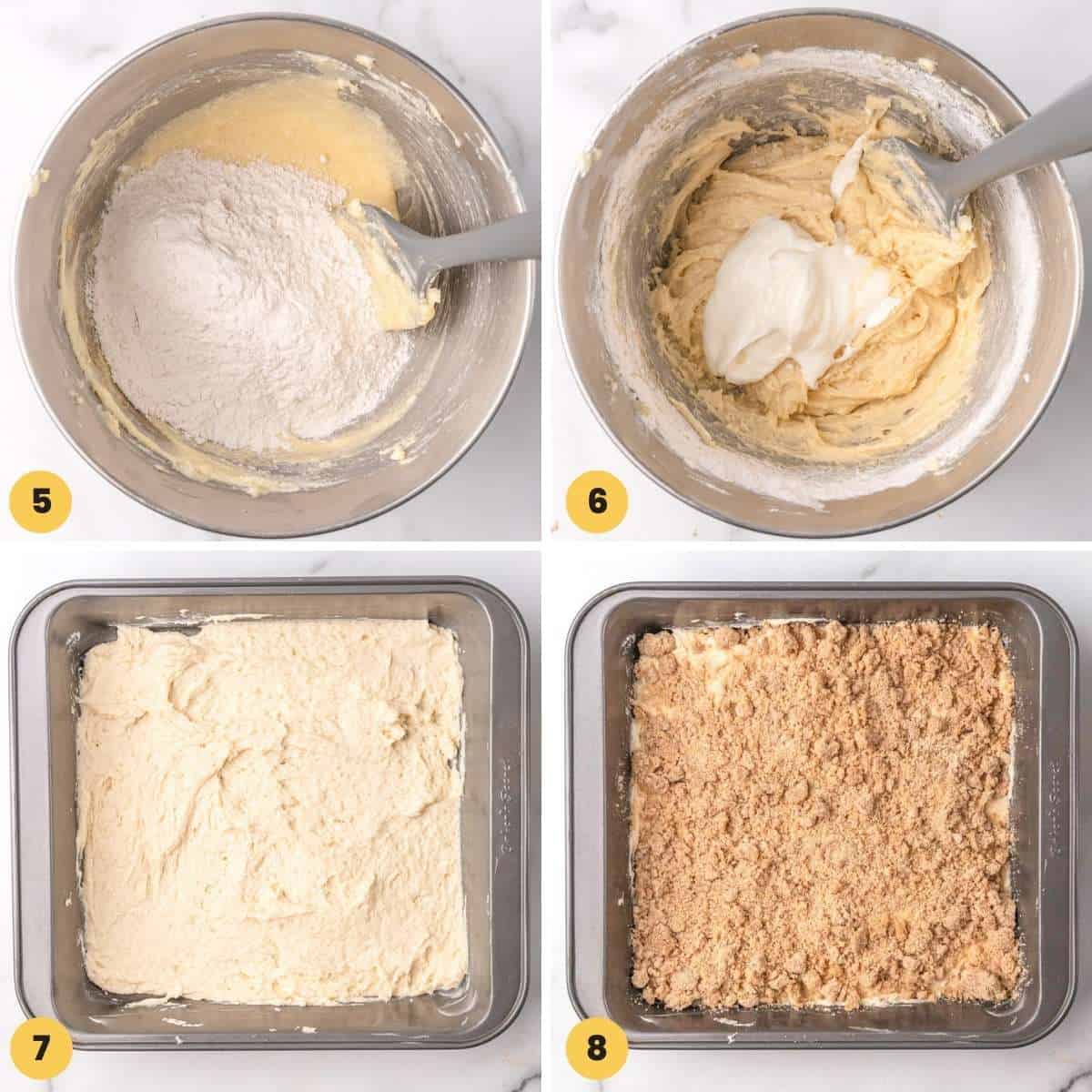 Four photos showing how to layer the batter with streusel to make coffee cake.