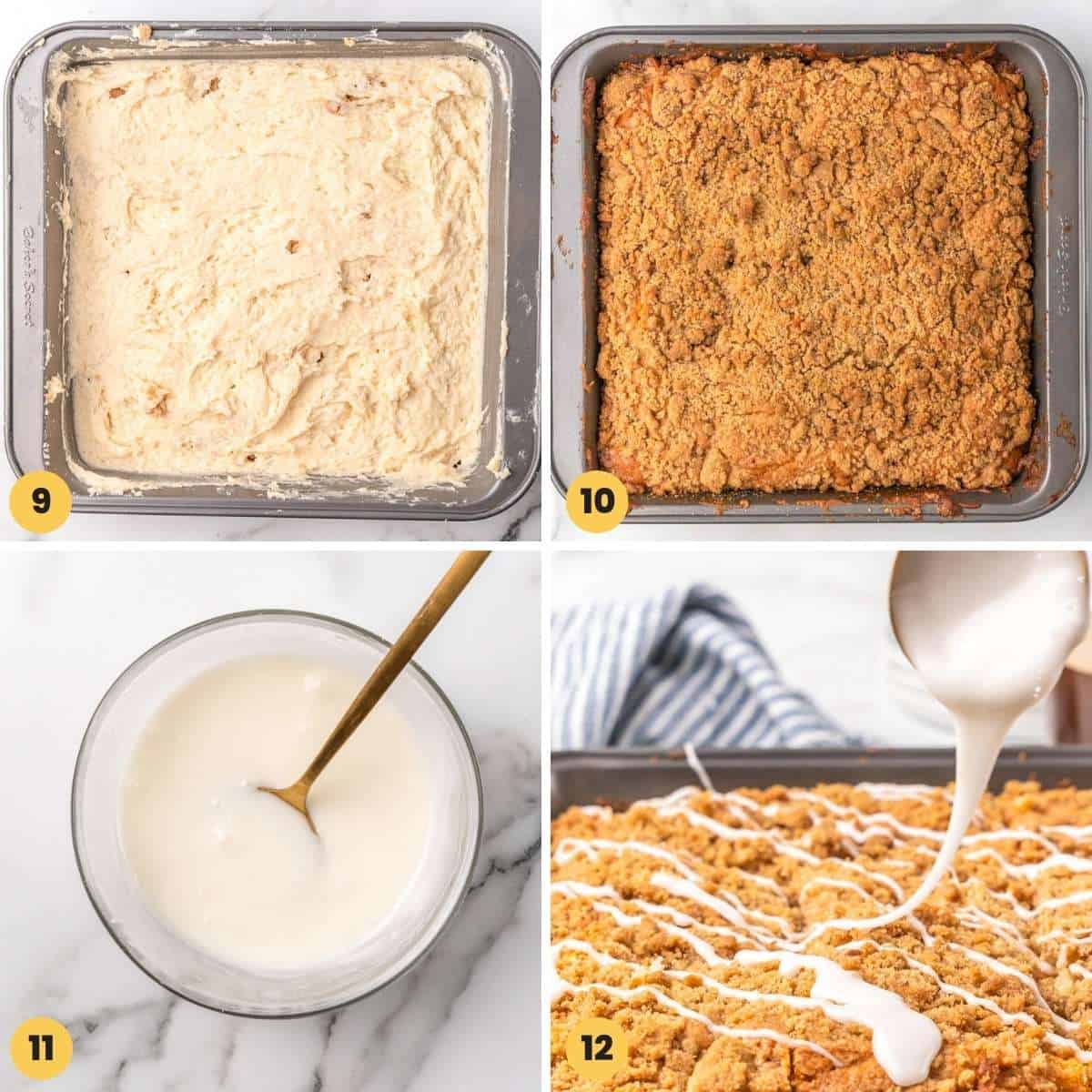 Four photos showing how to bake a coffee cake and top it with sugar glaze