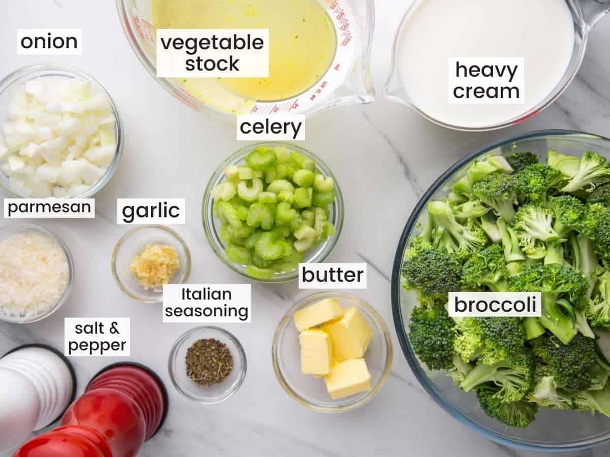 All of the ingredients in homemade cream of broccoli soup, measured into small bowls and arranged on the counter