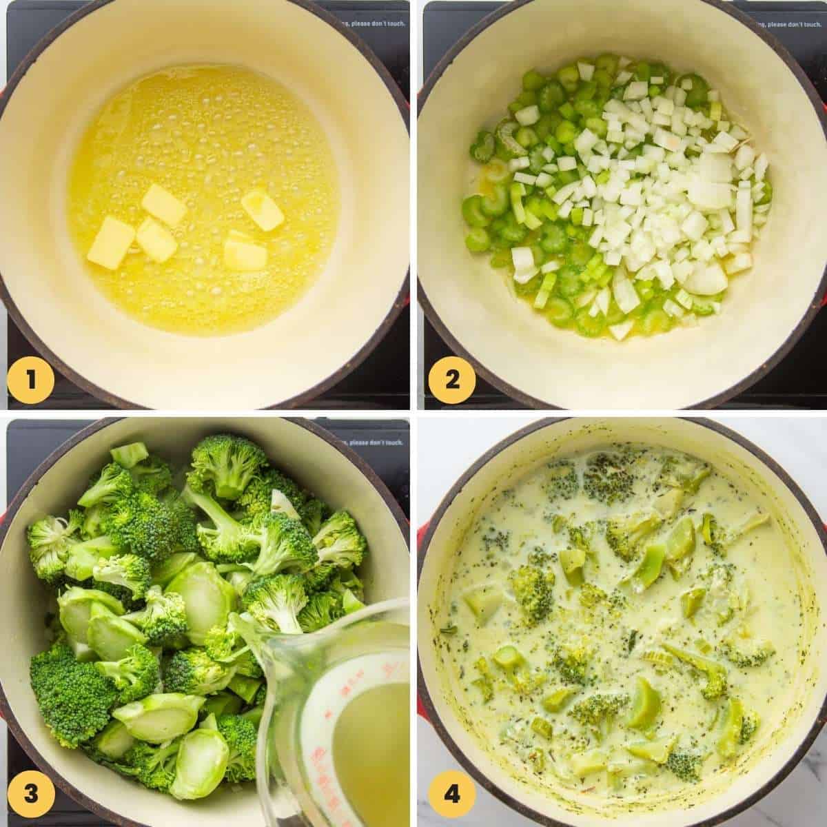 a collage of four images showing how to make cream of broccoli soup