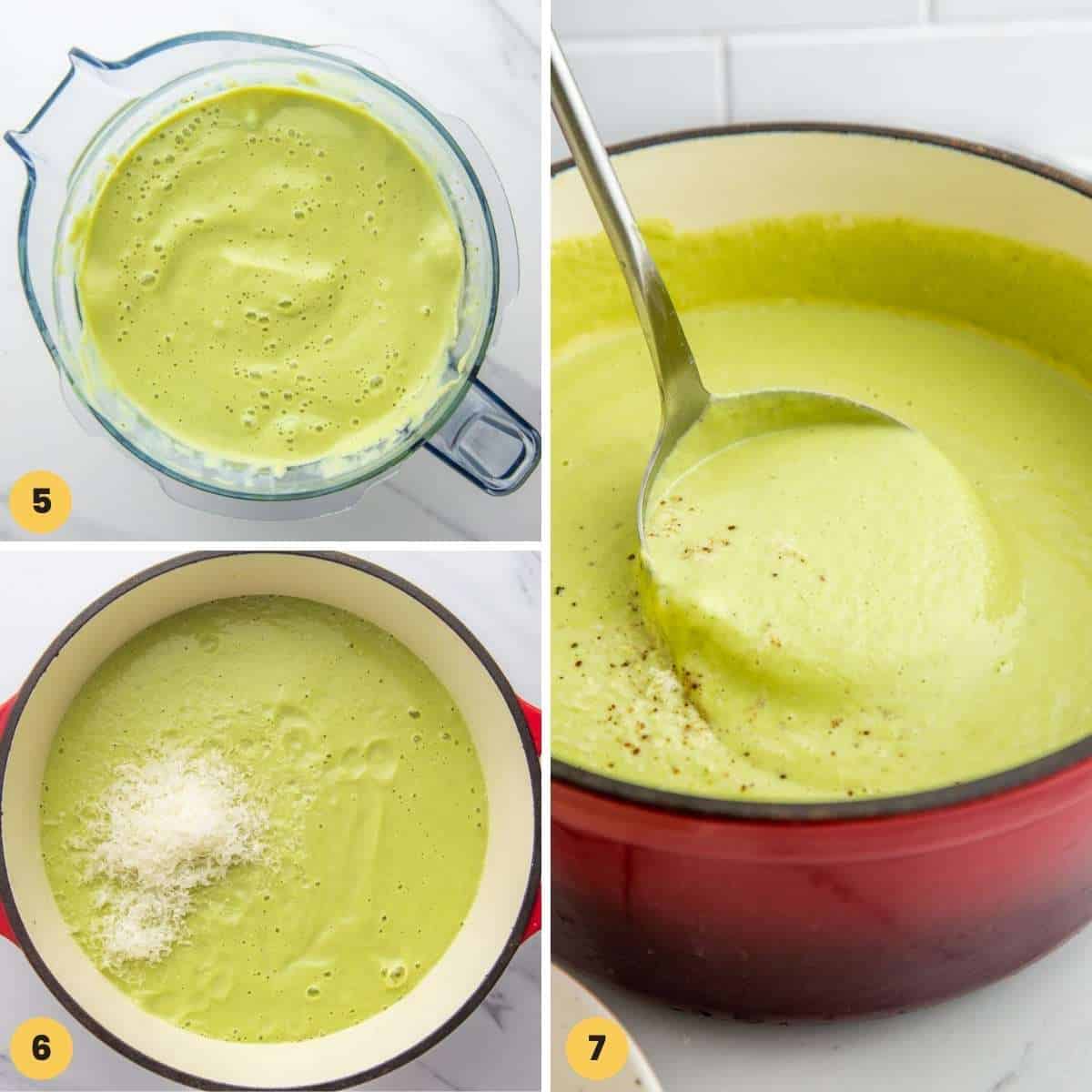 a collage of three images showing how to blend creamy broccoli soup in a blender