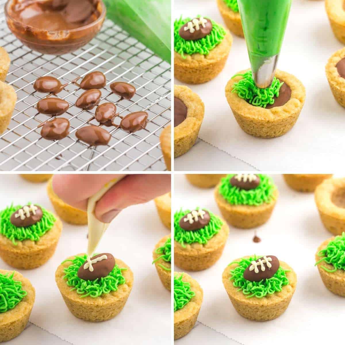 Collage of four images showing how to make chocolate almonds, then pipe the buttercream grass on the cookie cups and decorate the chocolate almonds with white stripes to create footballs.