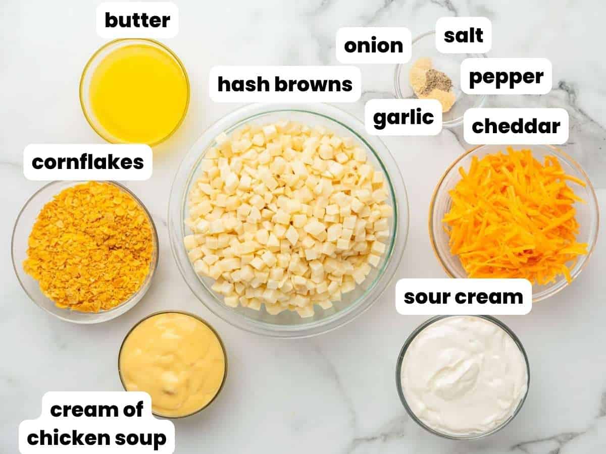 The ingredients needed to make funeral potatoes with frozen hashbrowns and cream of chicken soup