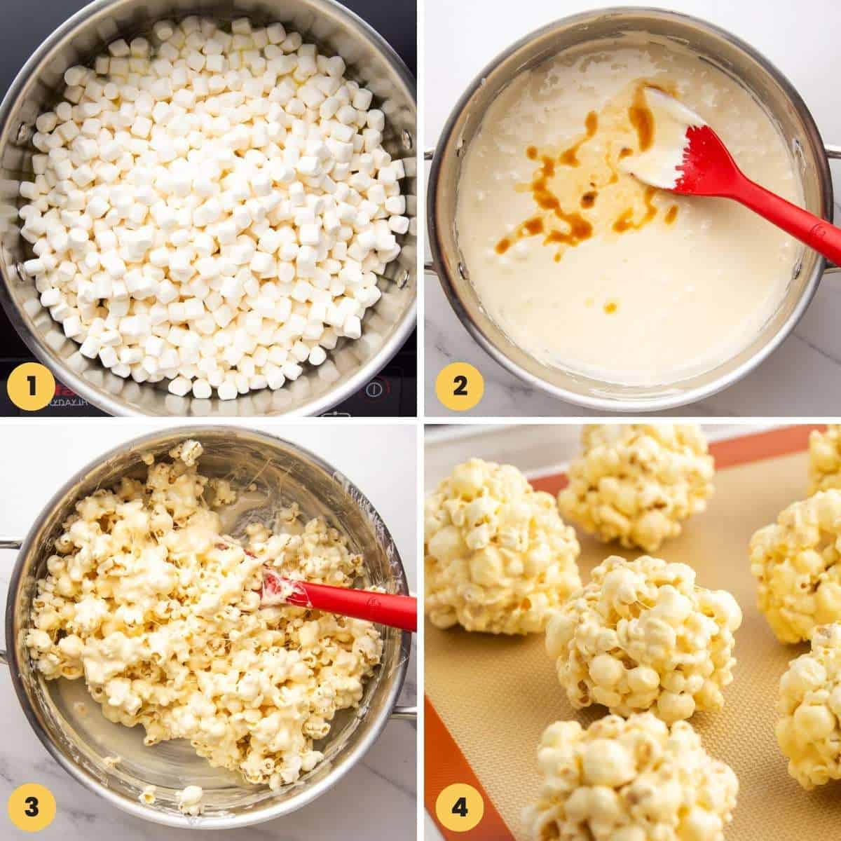 a collage of four images showing how to make marshmallow popcorn balls