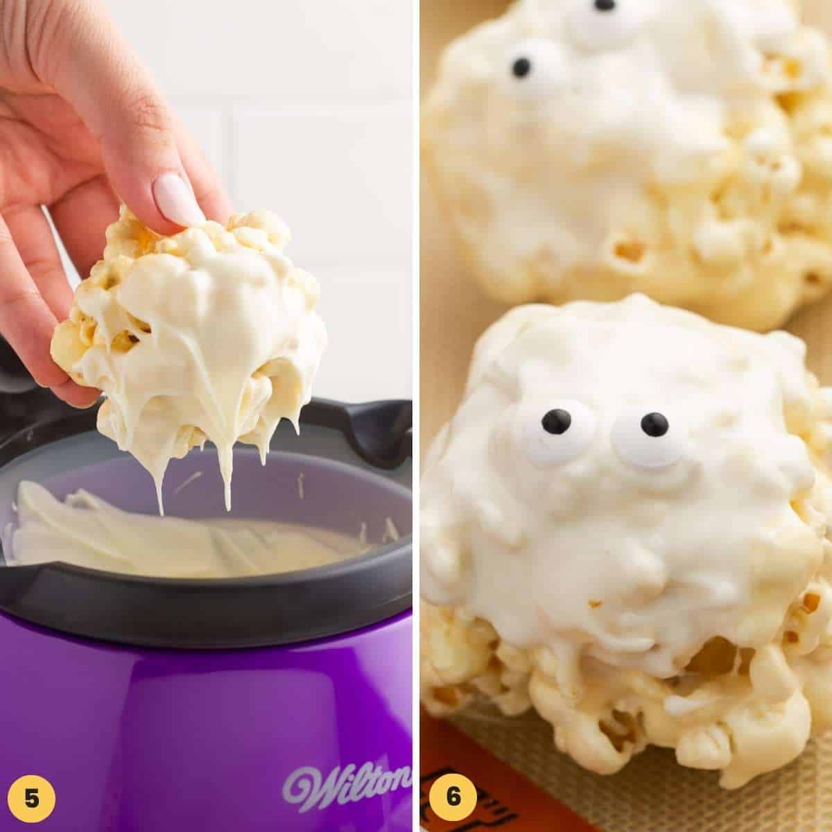 images showing how to turn popcorn balls into ghost popcorn balls using candy eyes and white chocolate melts