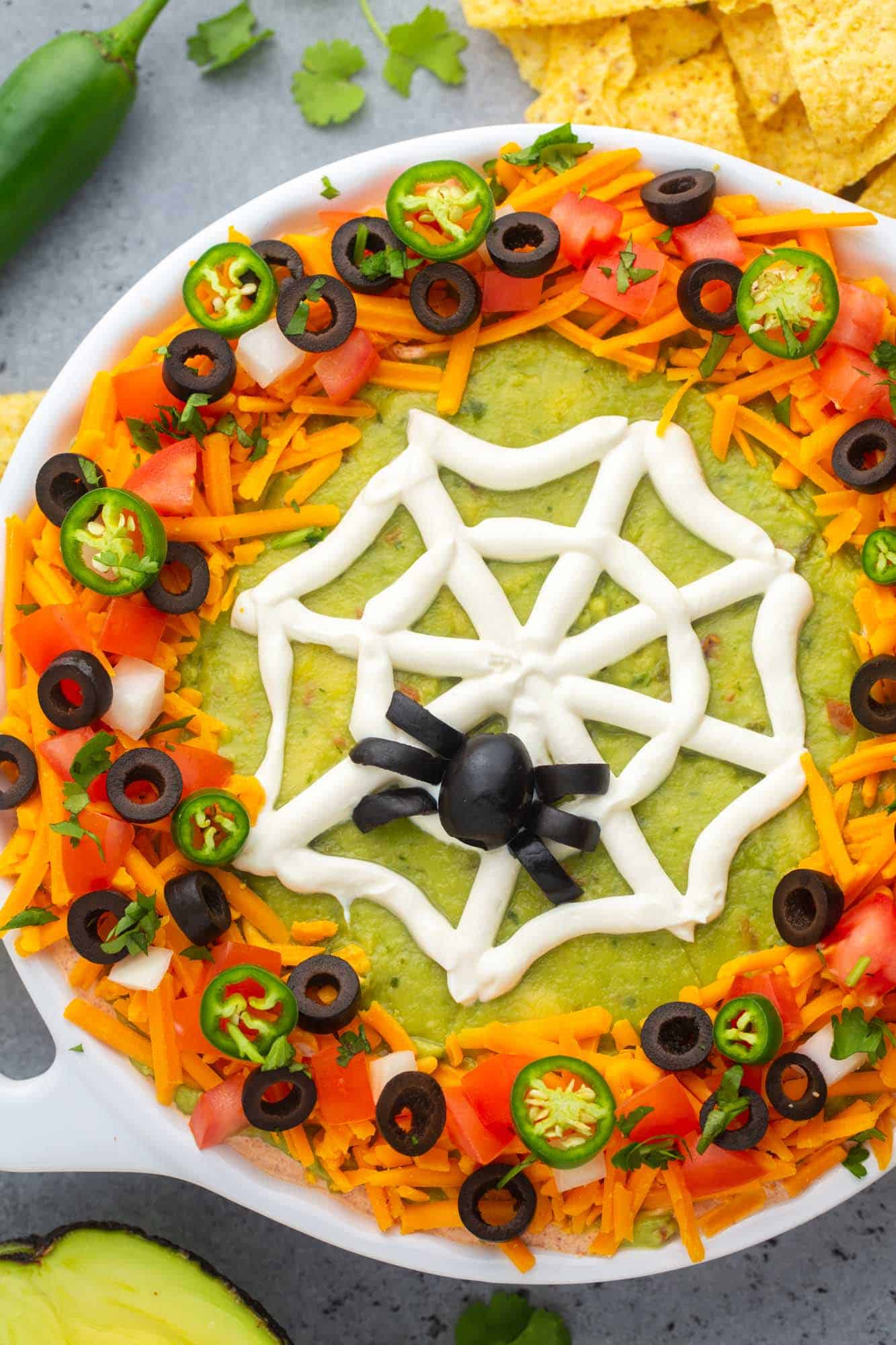 halloween taco dip viewed from above