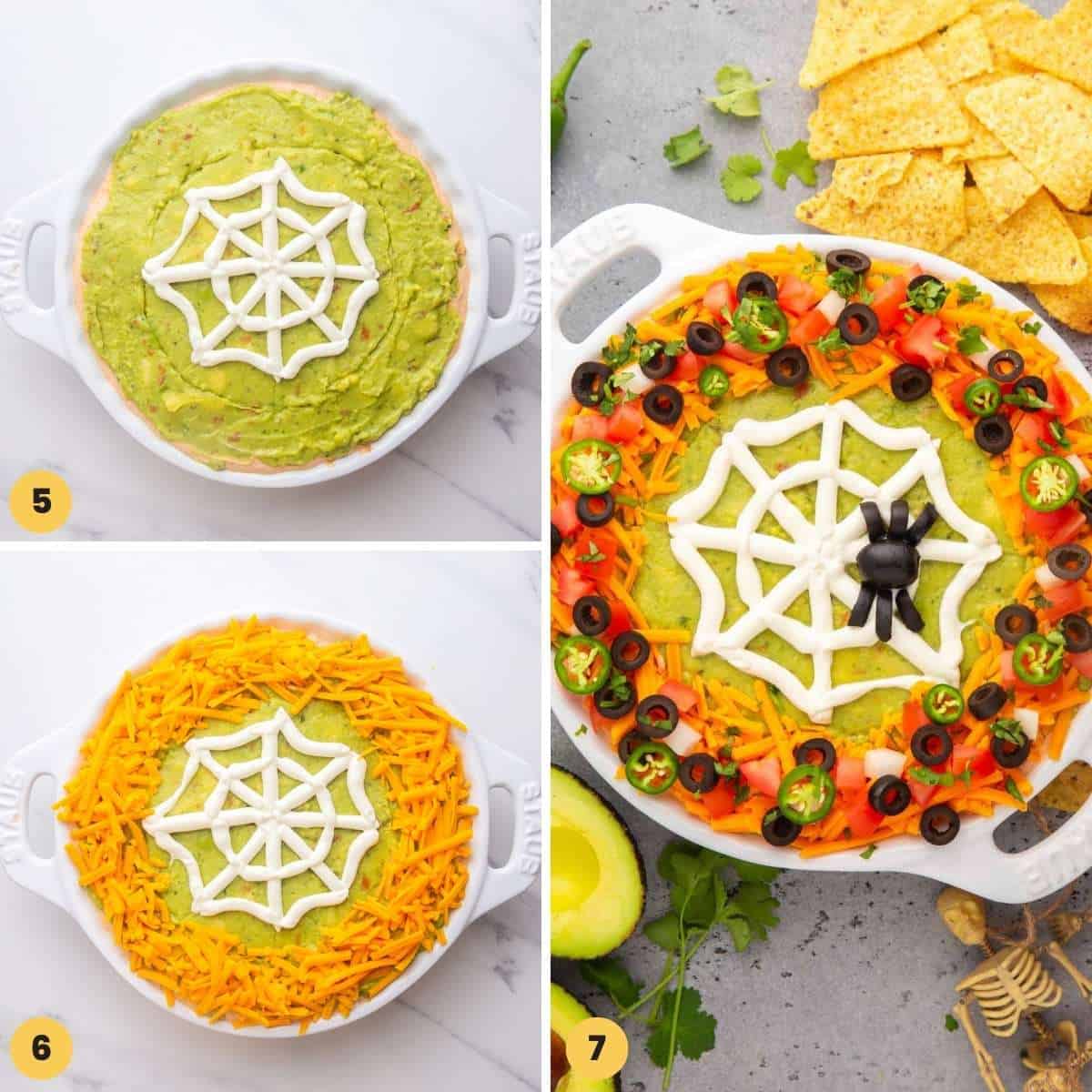 a collage of three images showing how to decorate a taco dip for halloween with a spider web and olive spider.
