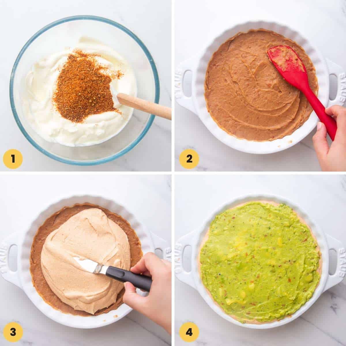 four images showing how to make a layered taco dip with beans, cream cheese, and guacamole