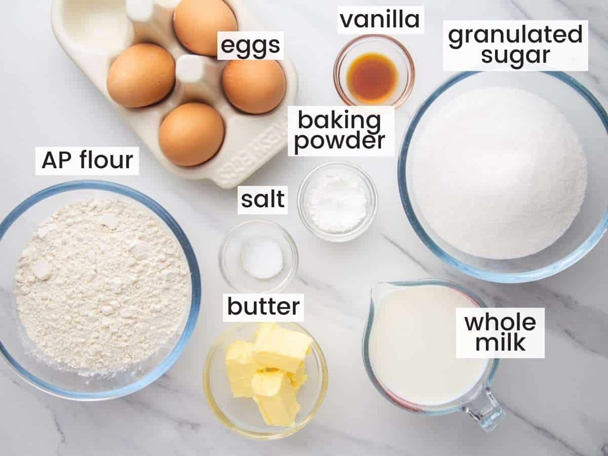 The ingredients needed to make an old fashioned hot milk cake