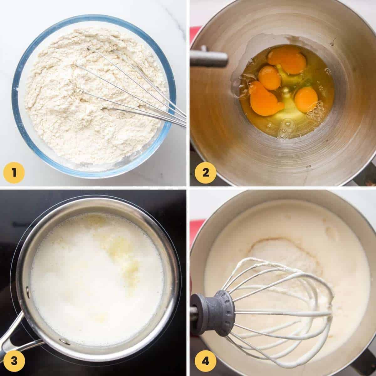 four photos showing how to make the batter for hot milk cake