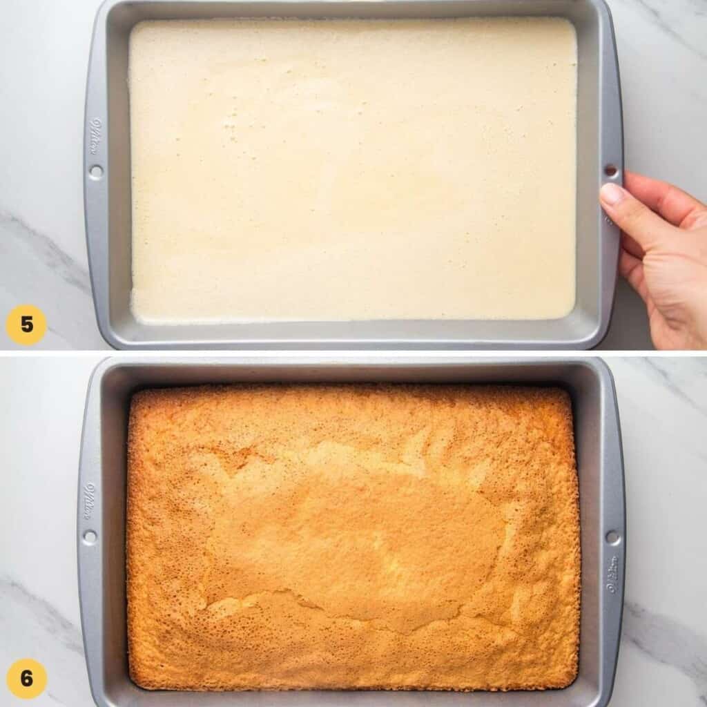 a photo of an  unbaked cake, and another of a browned, baked cake. 