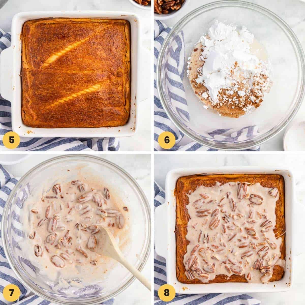 Collage of four images showing how to bake the pumpkin cream cheese bars, and make the pecan topping.